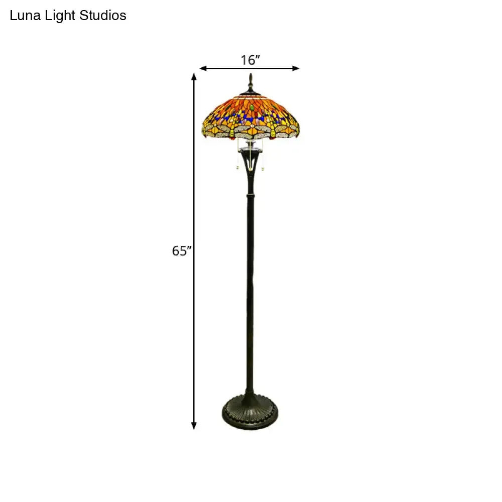 Dragonfly Reading Floor Lamp - Stained Glass Baroque Design - 3 Heads - Yellow/Blue/Green - Pull Chain Stand Up Light with Domed Shade