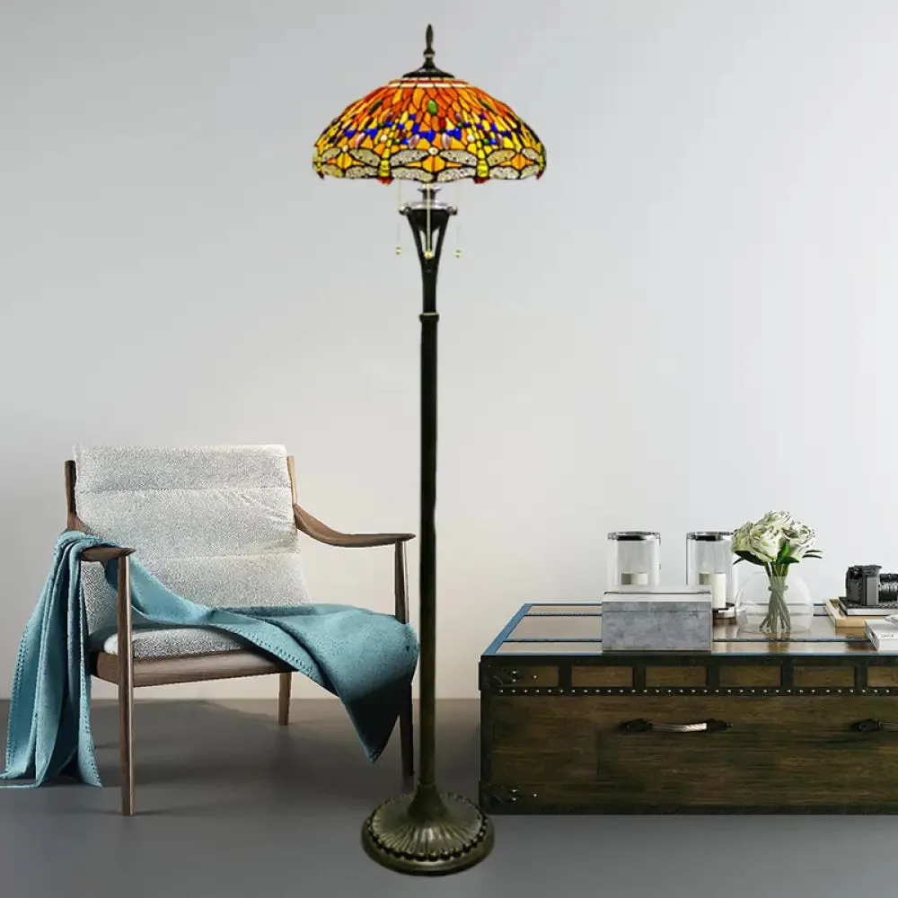 Dragonfly Reading Floor Lamp - Stained Glass Baroque Design - 3 Heads - Yellow/Blue/Green - Pull Chain Stand Up Light with Domed Shade