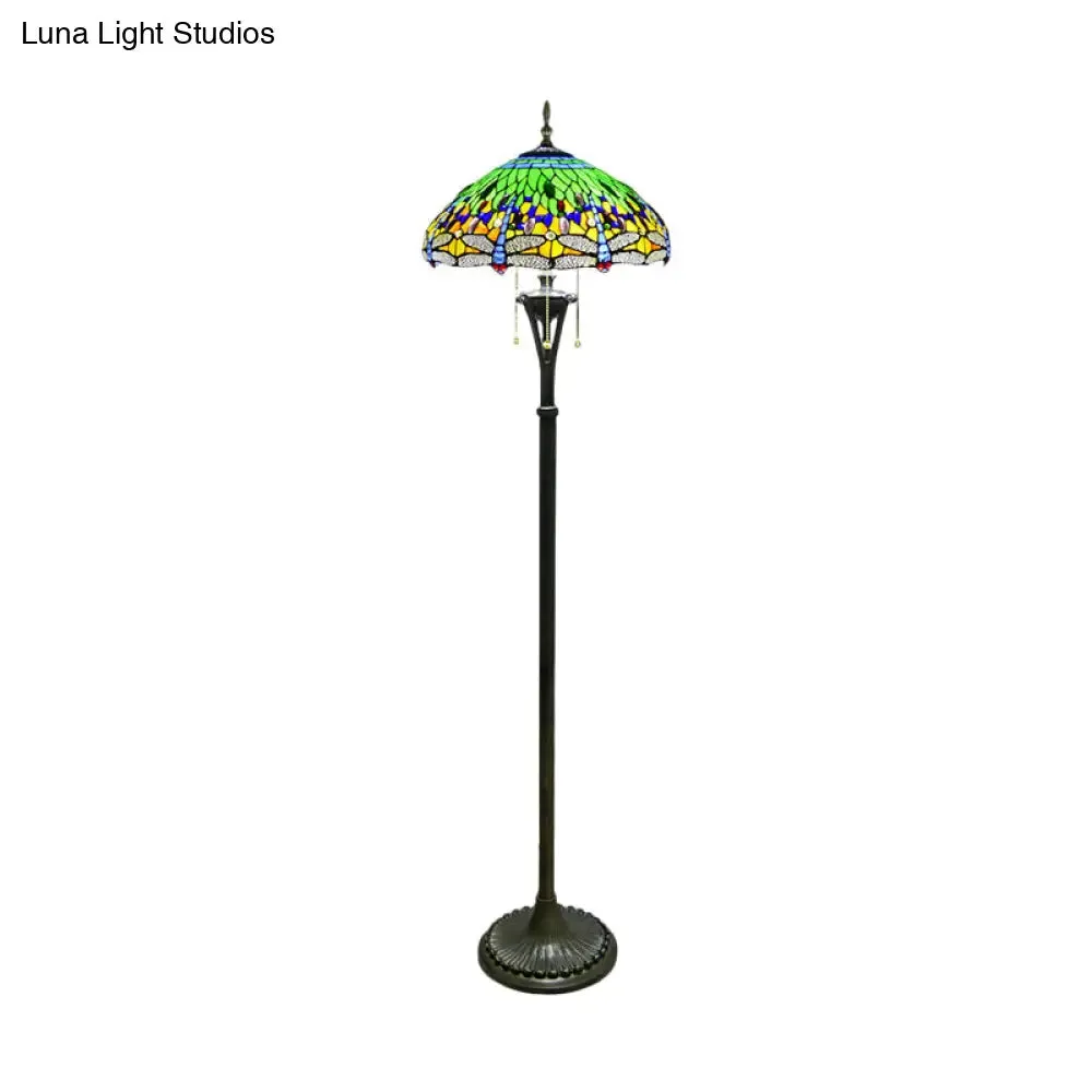 Dragonfly Reading Floor Lamp - Stained Glass Baroque Design - 3 Heads - Yellow/Blue/Green - Pull Chain Stand Up Light with Domed Shade