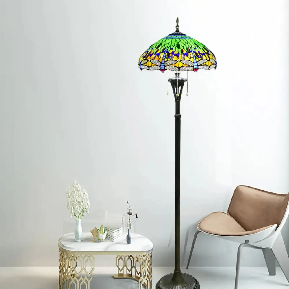 Dragonfly Reading Floor Lamp - Stained Glass Baroque Design - 3 Heads - Yellow/Blue/Green - Pull Chain Stand Up Light with Domed Shade