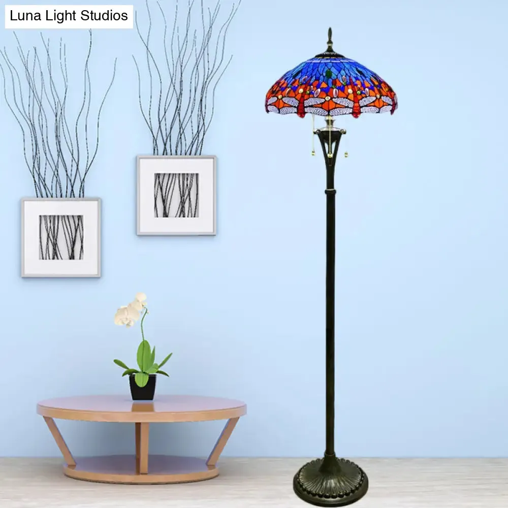 Dragonfly Reading Floor Lamp - Stained Glass Baroque Design - 3 Heads - Yellow/Blue/Green - Pull Chain Stand Up Light with Domed Shade