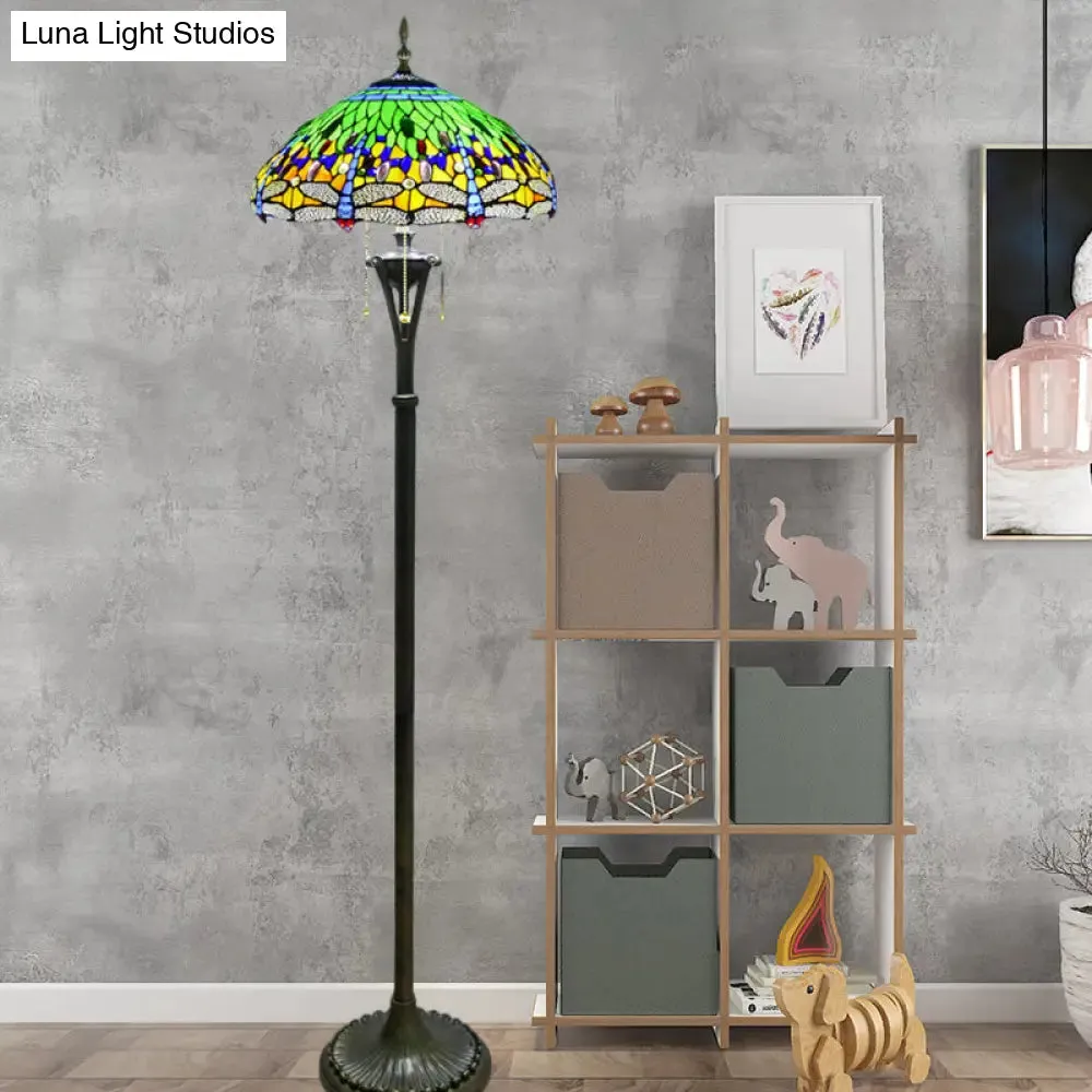 Dragonfly Reading Floor Lamp - Stained Glass Baroque Design - 3 Heads - Yellow/Blue/Green - Pull Chain Stand Up Light with Domed Shade