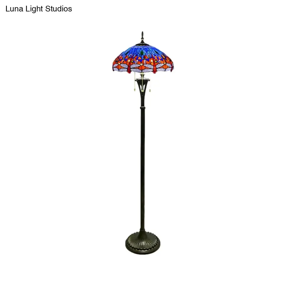 Dragonfly Reading Floor Lamp - Stained Glass Baroque Design - 3 Heads - Yellow/Blue/Green - Pull Chain Stand Up Light with Domed Shade