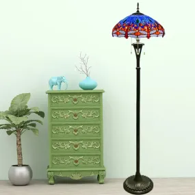 Dragonfly Reading Floor Lamp - Stained Glass Baroque Design - 3 Heads - Yellow/Blue/Green - Pull Chain Stand Up Light with Domed Shade