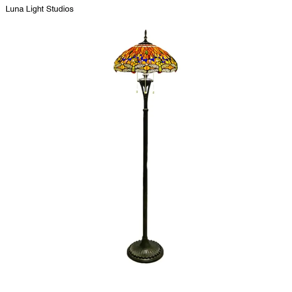 Dragonfly Reading Floor Lamp - Stained Glass Baroque Design - 3 Heads - Yellow/Blue/Green - Pull Chain Stand Up Light with Domed Shade