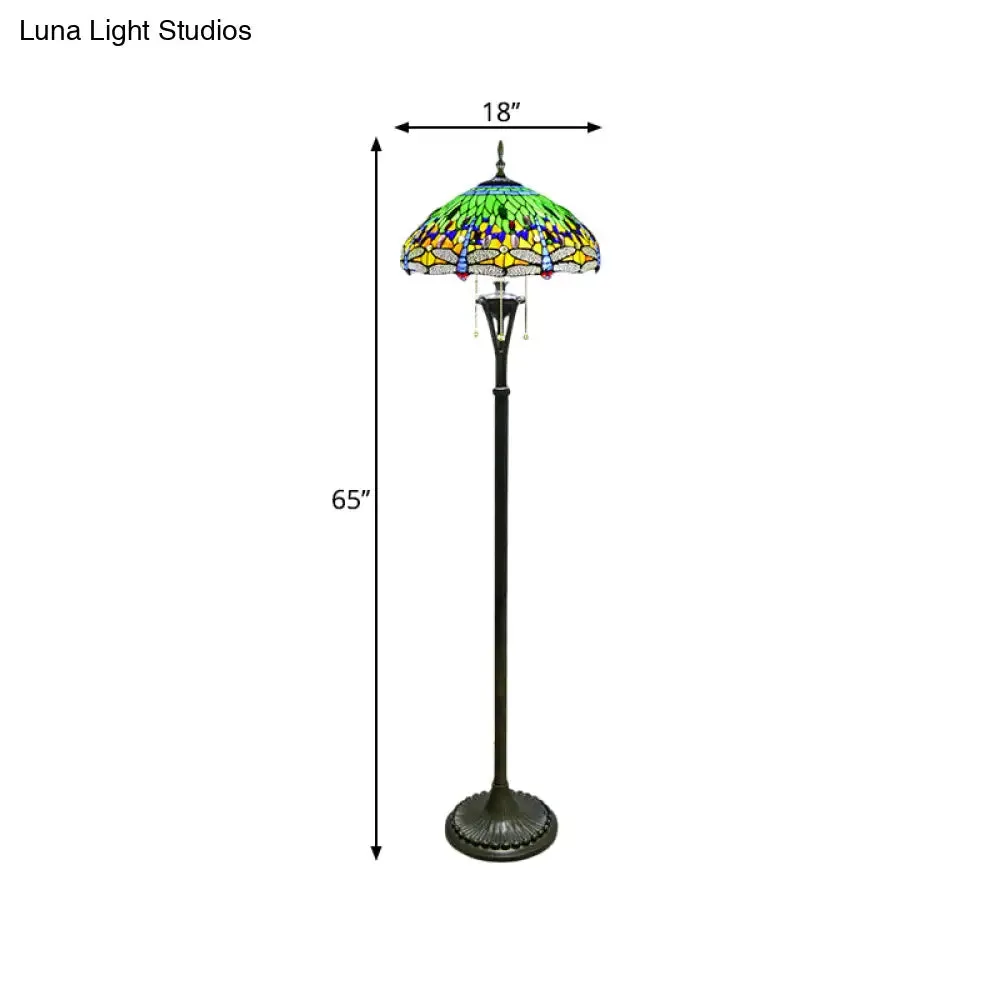 Dragonfly Reading Floor Lamp - Stained Glass Baroque Design - 3 Heads - Yellow/Blue/Green - Pull Chain Stand Up Light with Domed Shade