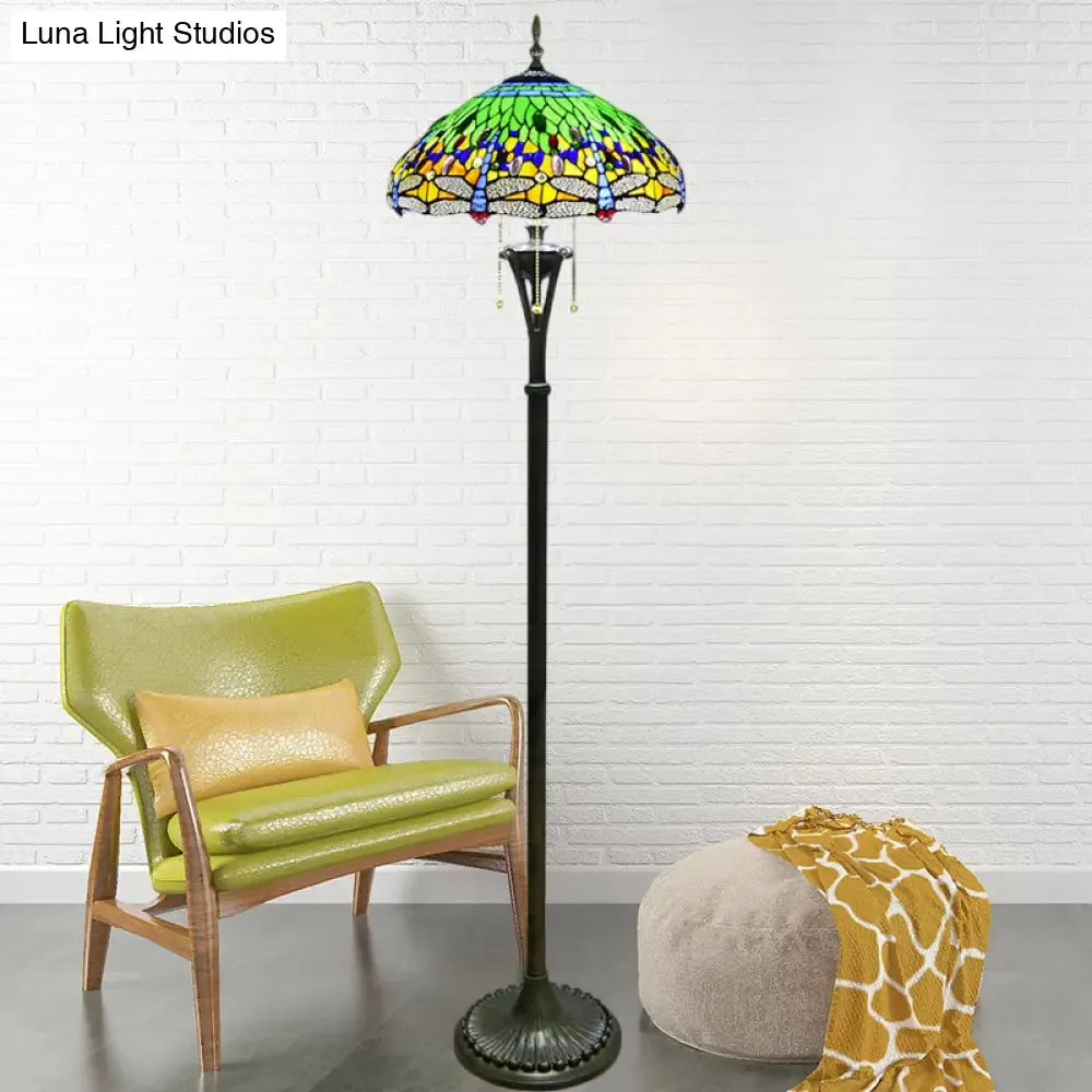 Dragonfly Reading Floor Lamp - Stained Glass Baroque Design - 3 Heads - Yellow/Blue/Green - Pull Chain Stand Up Light with Domed Shade