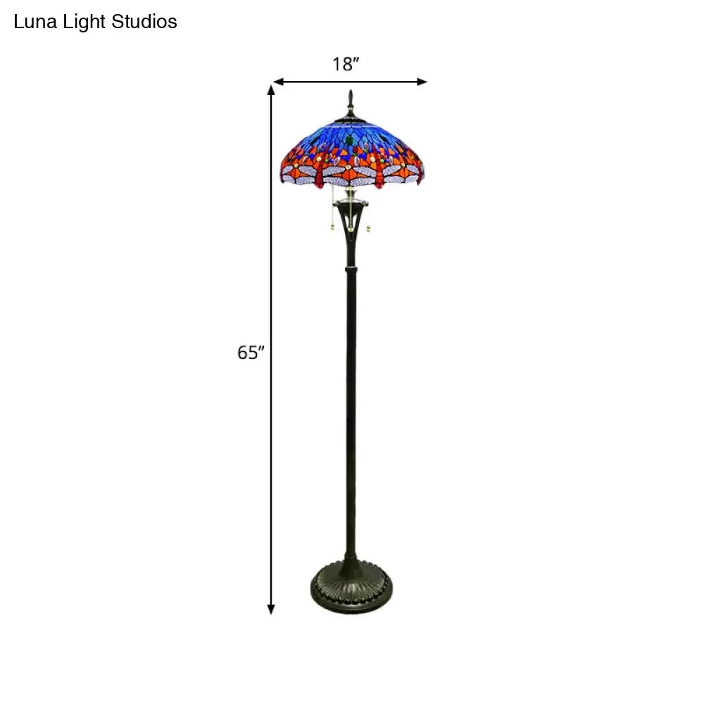 Dragonfly Reading Floor Lamp - Stained Glass Baroque Design - 3 Heads - Yellow/Blue/Green - Pull Chain Stand Up Light with Domed Shade