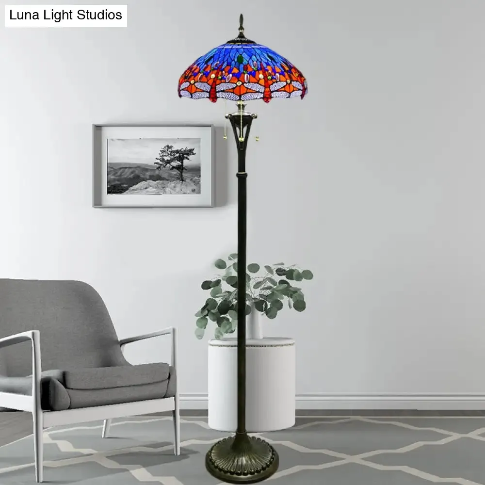 Dragonfly Reading Floor Lamp - Stained Glass Baroque Design - 3 Heads - Yellow/Blue/Green - Pull Chain Stand Up Light with Domed Shade