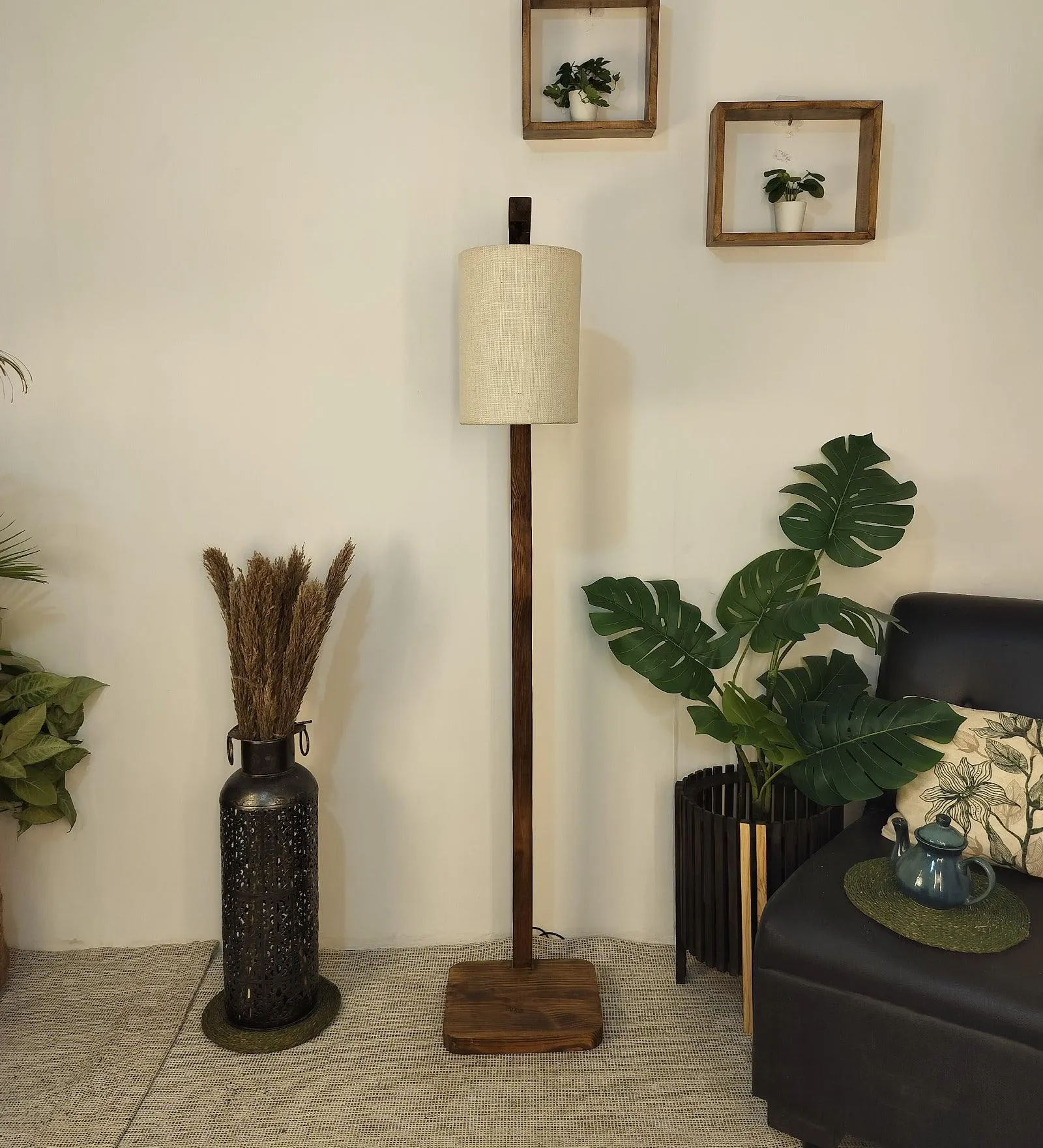 Elementary Wooden Floor Lamp with Brown Base and White Fabric Lampshade