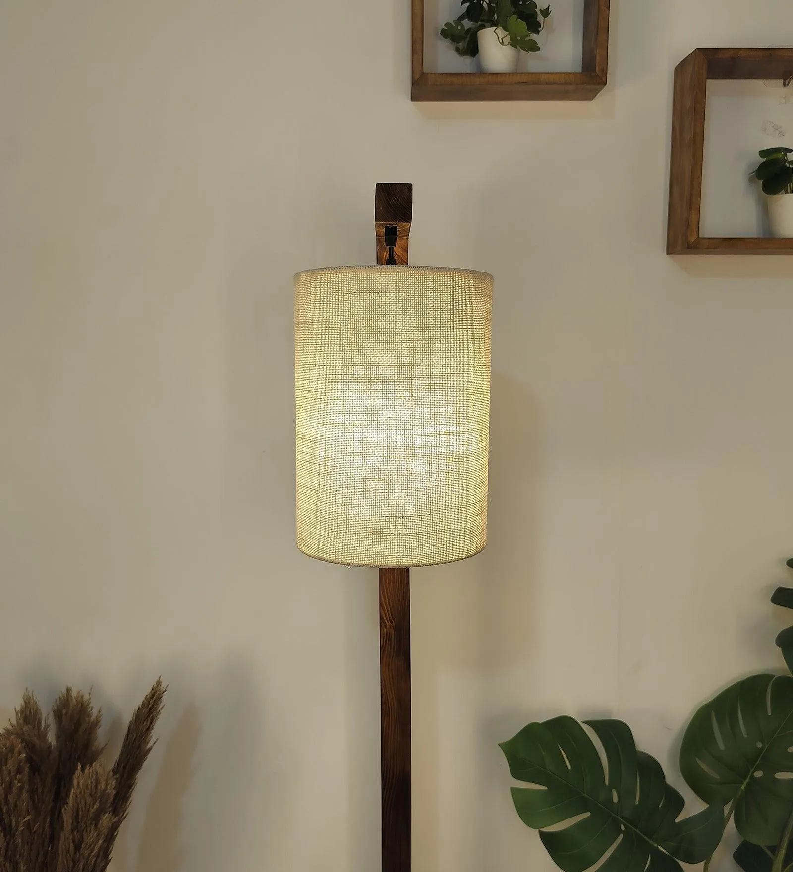 Elementary Wooden Floor Lamp with Brown Base and White Fabric Lampshade