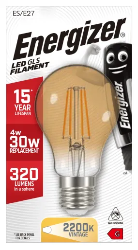 Energizer E27 Gold Filament LED Warm White Lightbulb 30W