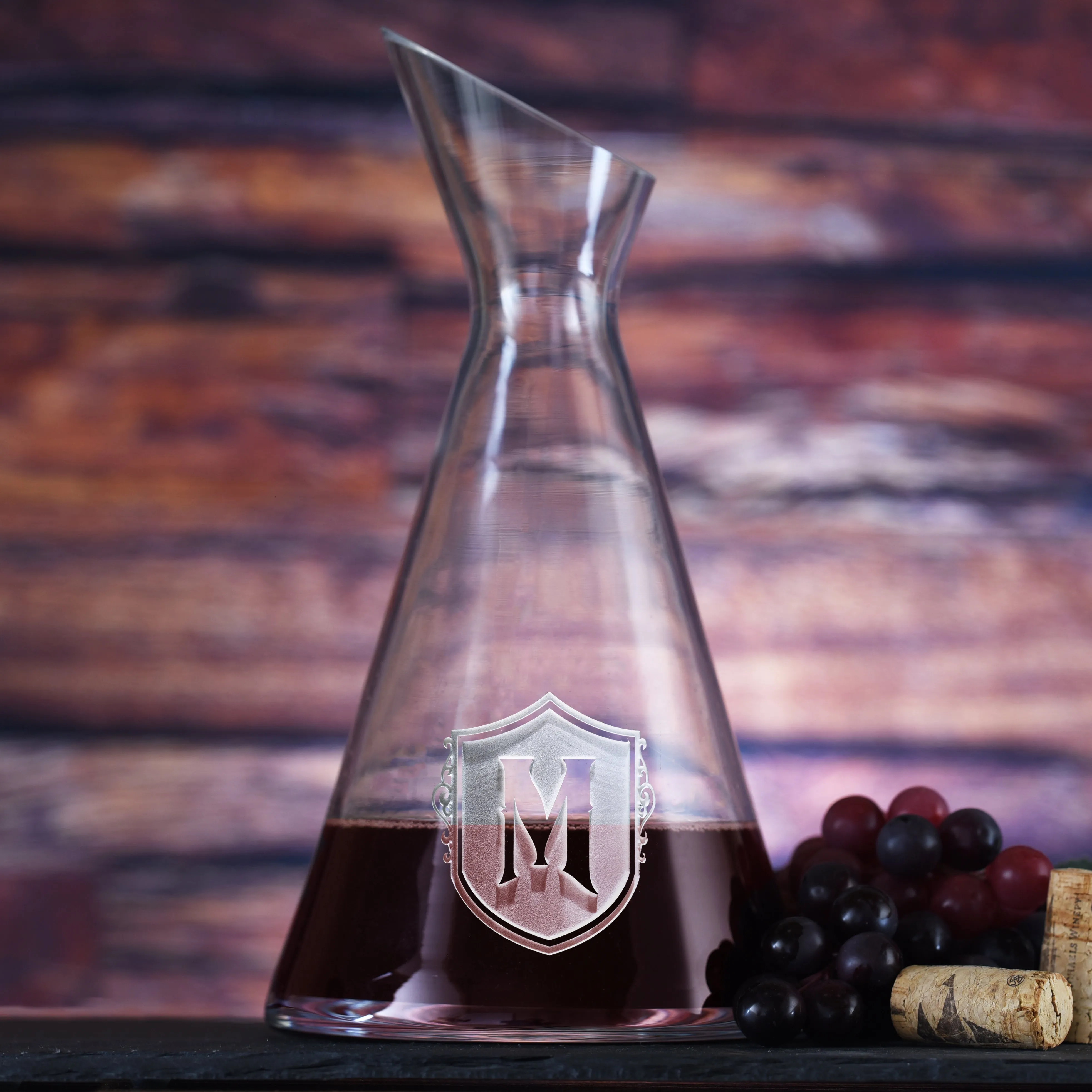 Engraved Monogram in Shield Slant Wine Carafe Decanter