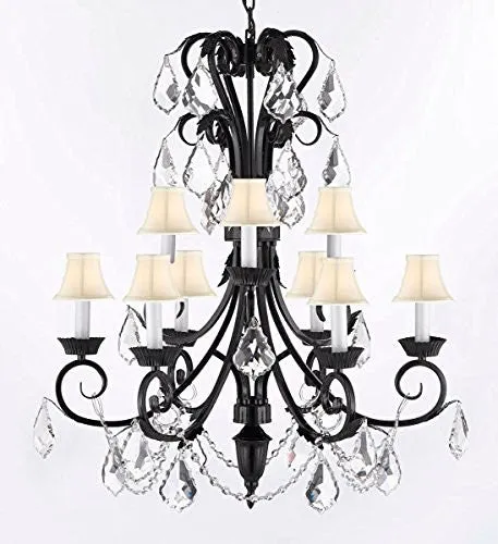 Entryway Wrought Iron (Tm) Chandelier 30" Inches Tall With Crystal And ShadesTrimmed With Spectra (Tm) Crystal - Reliable Crystal Quality By Swarovski - A84-Sc/B12/724/6 3-Sw