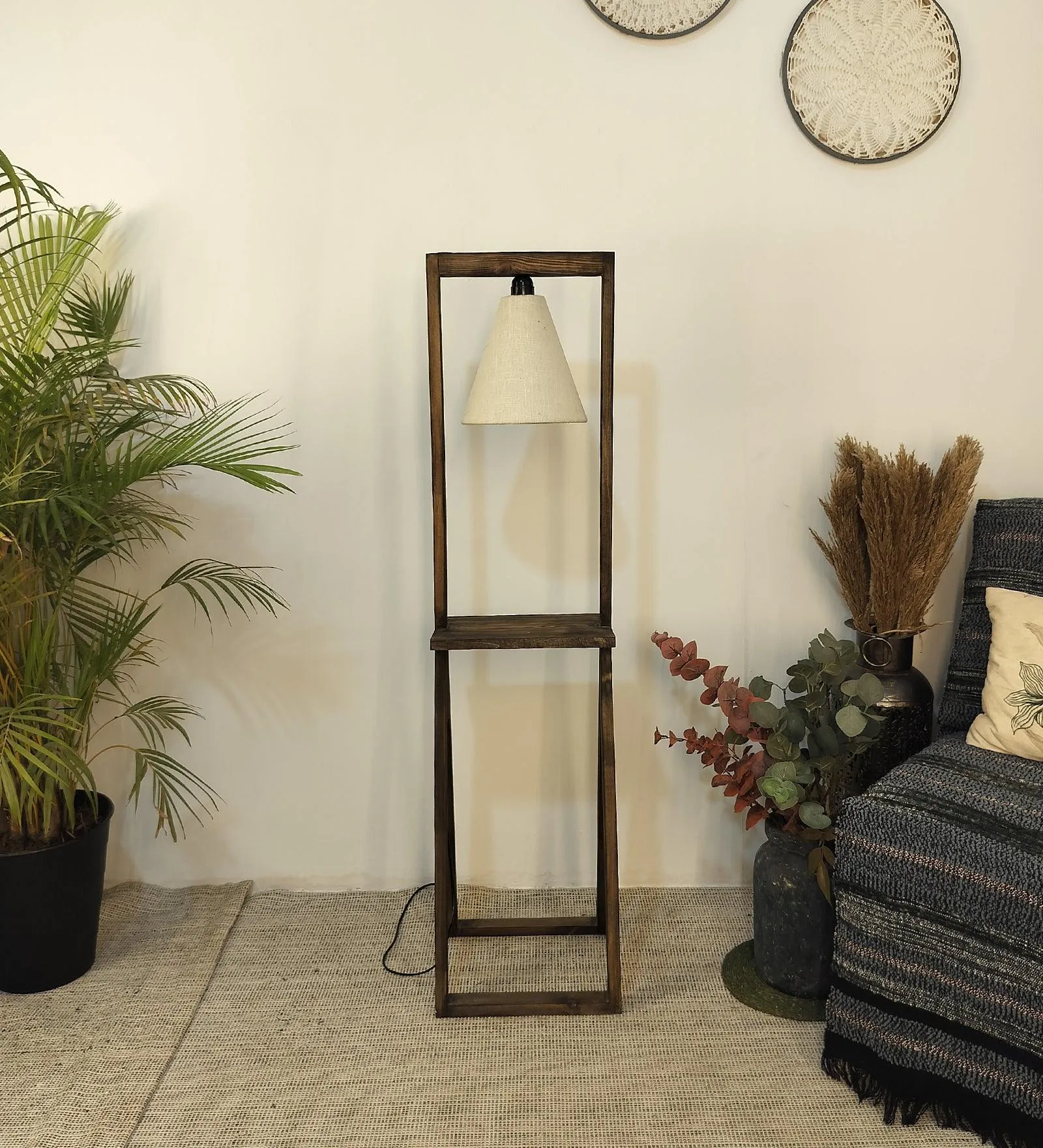 Euphoria Wooden Floor Lamp with Brown Base and Beige Fabric Lampshade