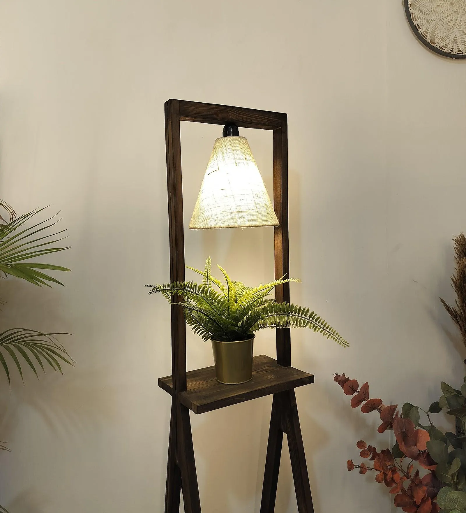 Euphoria Wooden Floor Lamp with Brown Base and Beige Fabric Lampshade