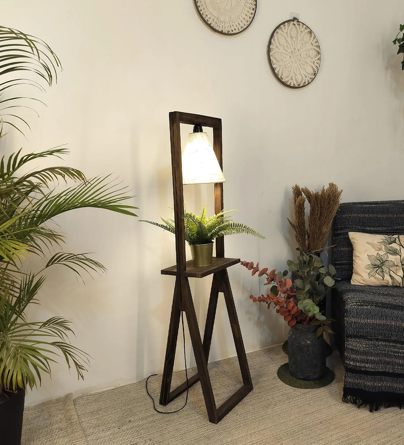 Euphoria Wooden Floor Lamp with Brown Base and Beige Fabric Lampshade