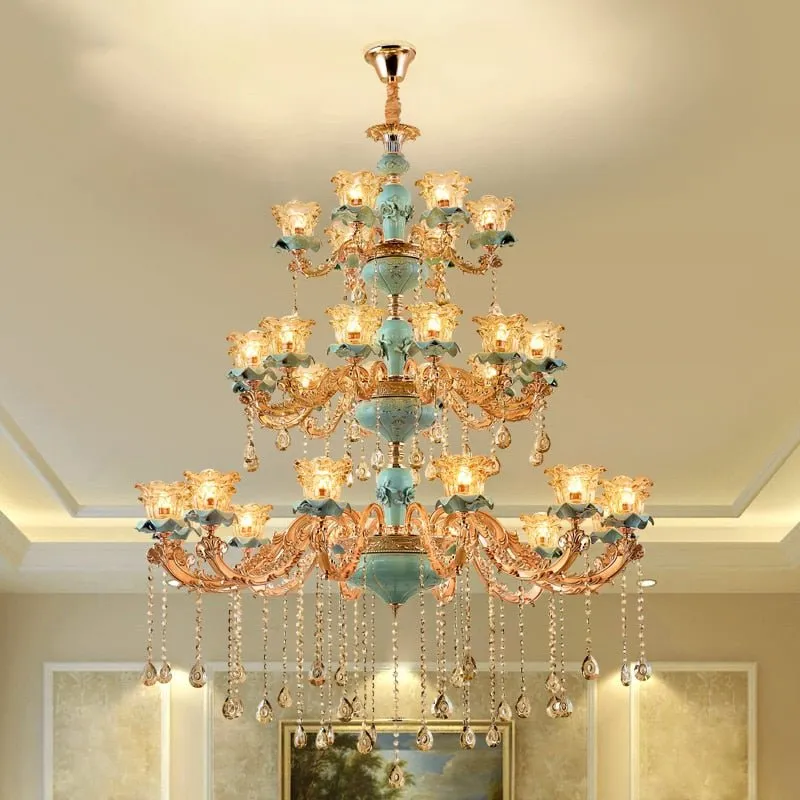 European Vintage Style Duplex Building Ceramic Three Story Chandelier For Living Room