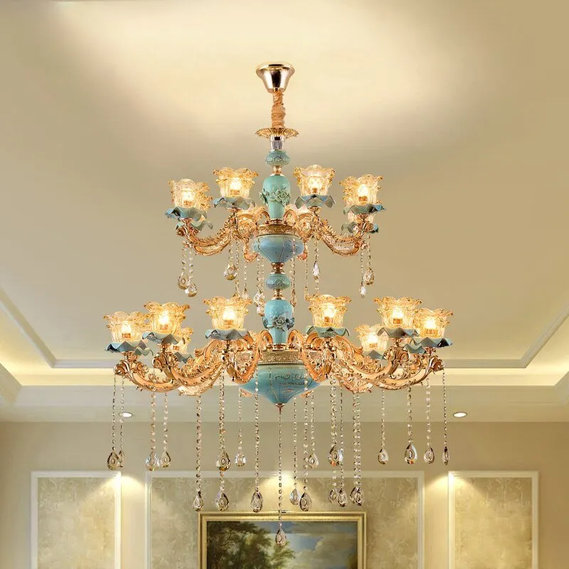 European Vintage Style Duplex Building Ceramic Three Story Chandelier For Living Room