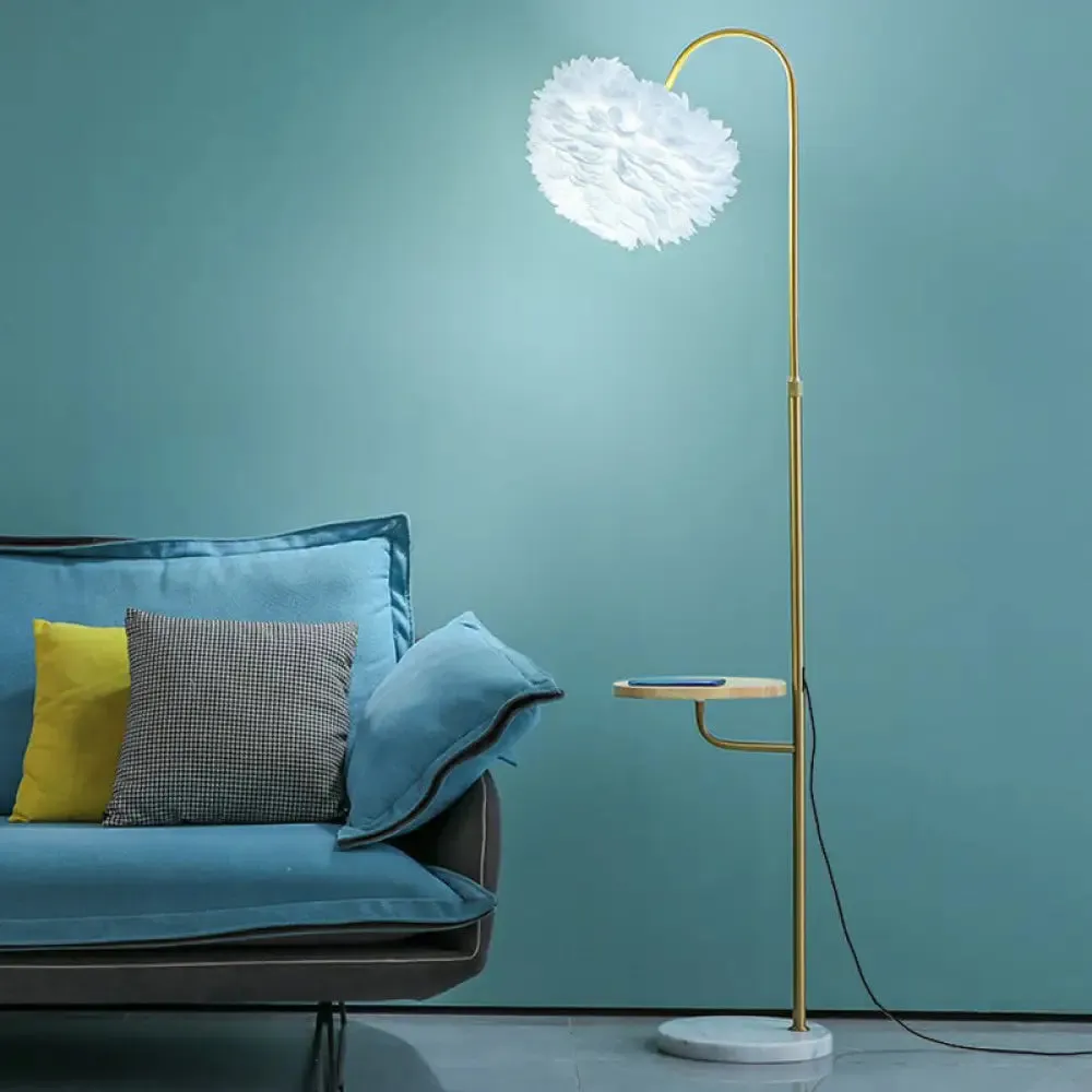 Feathered Minimalist Living Room Floor Lamp with Tray - Single-Bulb Standing Lighting