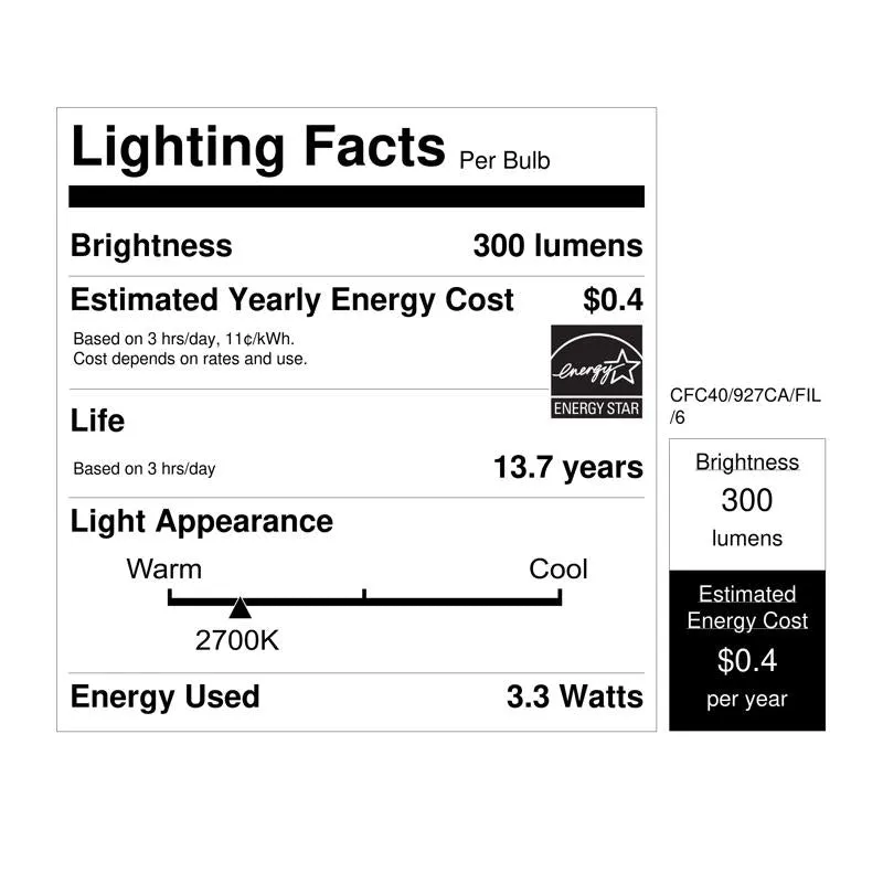 Feit Enhance CA10 (Flame Tip) E12 (Candelabra) Filament LED Bulb Soft White 40 Watt Equivalence 6 pk