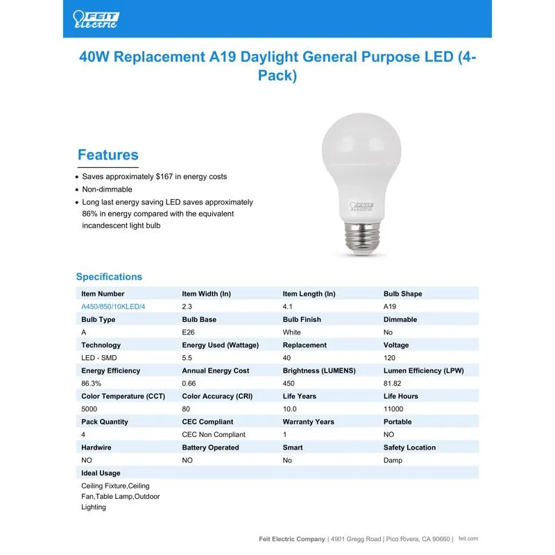 Feit LED A19 E26 (Medium) LED Bulb Daylight 40 Watt Equivalence 4 pk