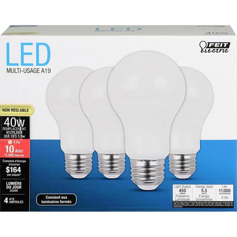 Feit LED A19 E26 (Medium) LED Bulb Daylight 40 Watt Equivalence 4 pk