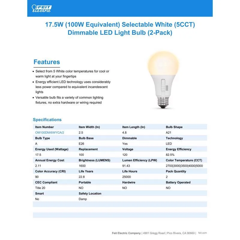 Feit LED A21 E26 (Medium) LED Bulb Tunable White/Color Changing 100 Watt Equivalence 2 pk