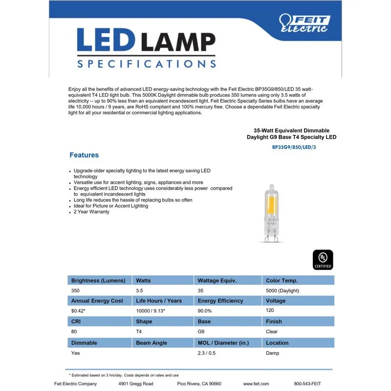 Feit LED T4 G9 LED Bulb Daylight 35 Watt Equivalence 1 pk