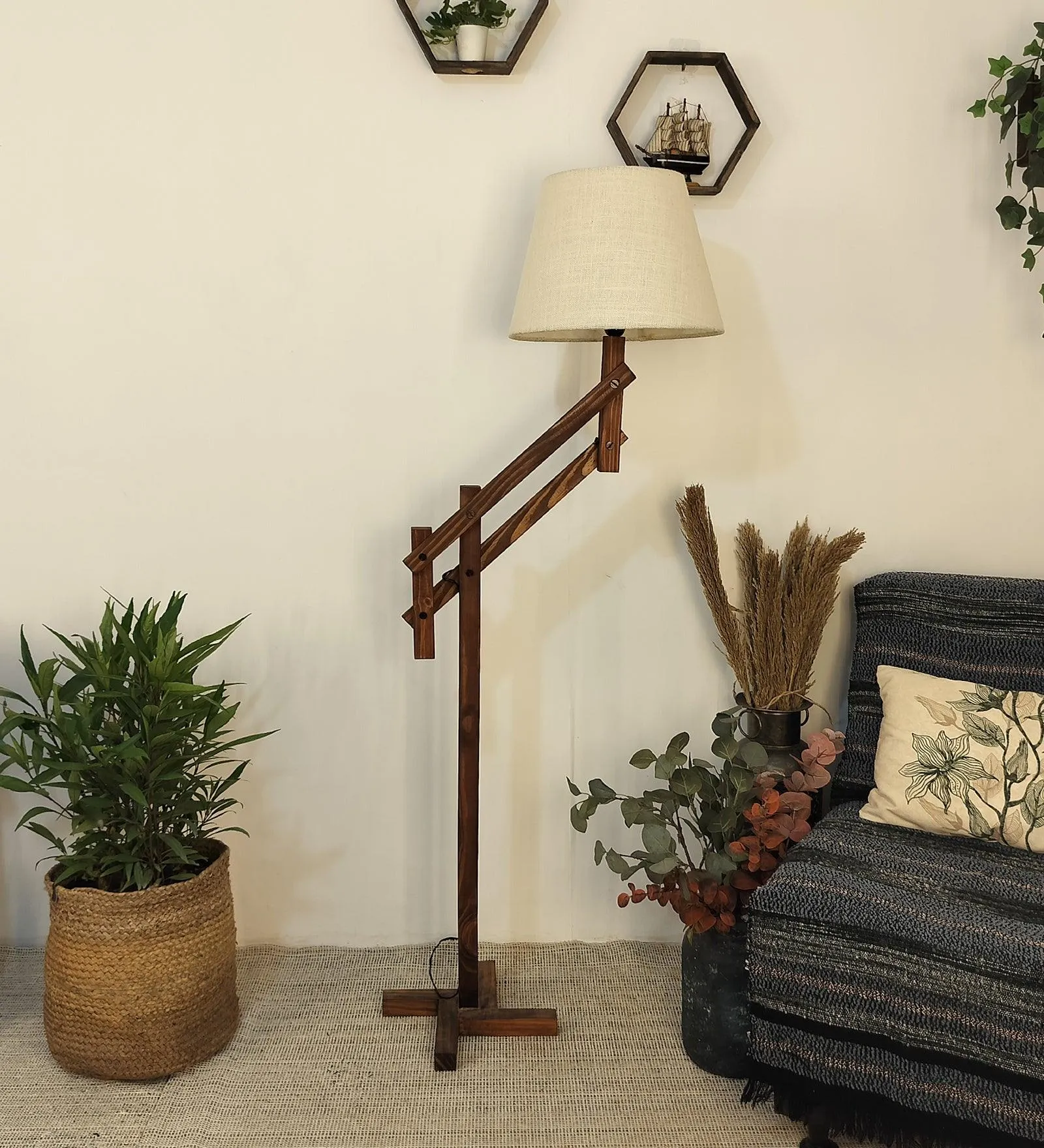 Flamingo Wooden Floor Lamp with Brown Base and Beige Fabric Lampshade