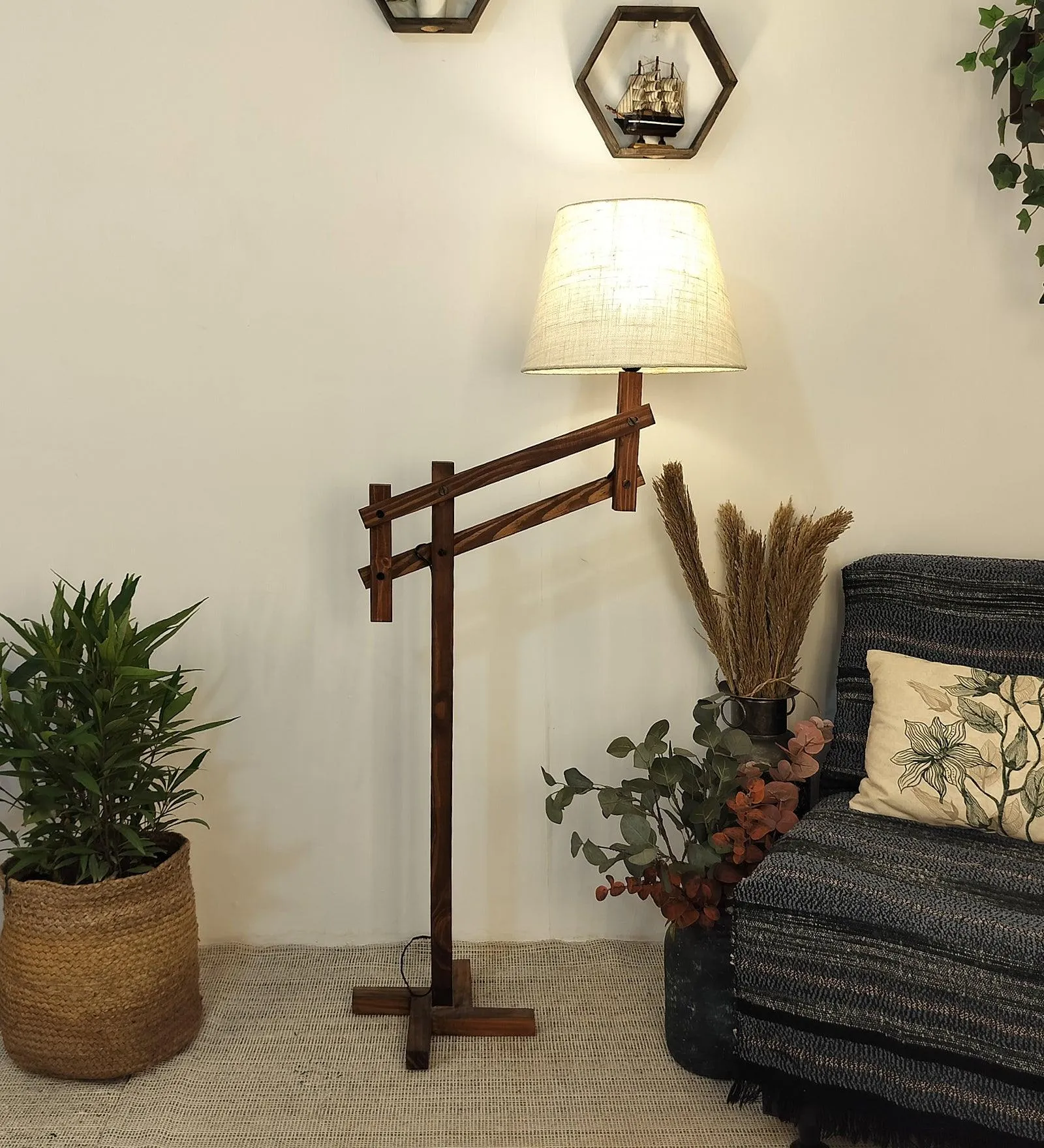 Flamingo Wooden Floor Lamp with Brown Base and Beige Fabric Lampshade