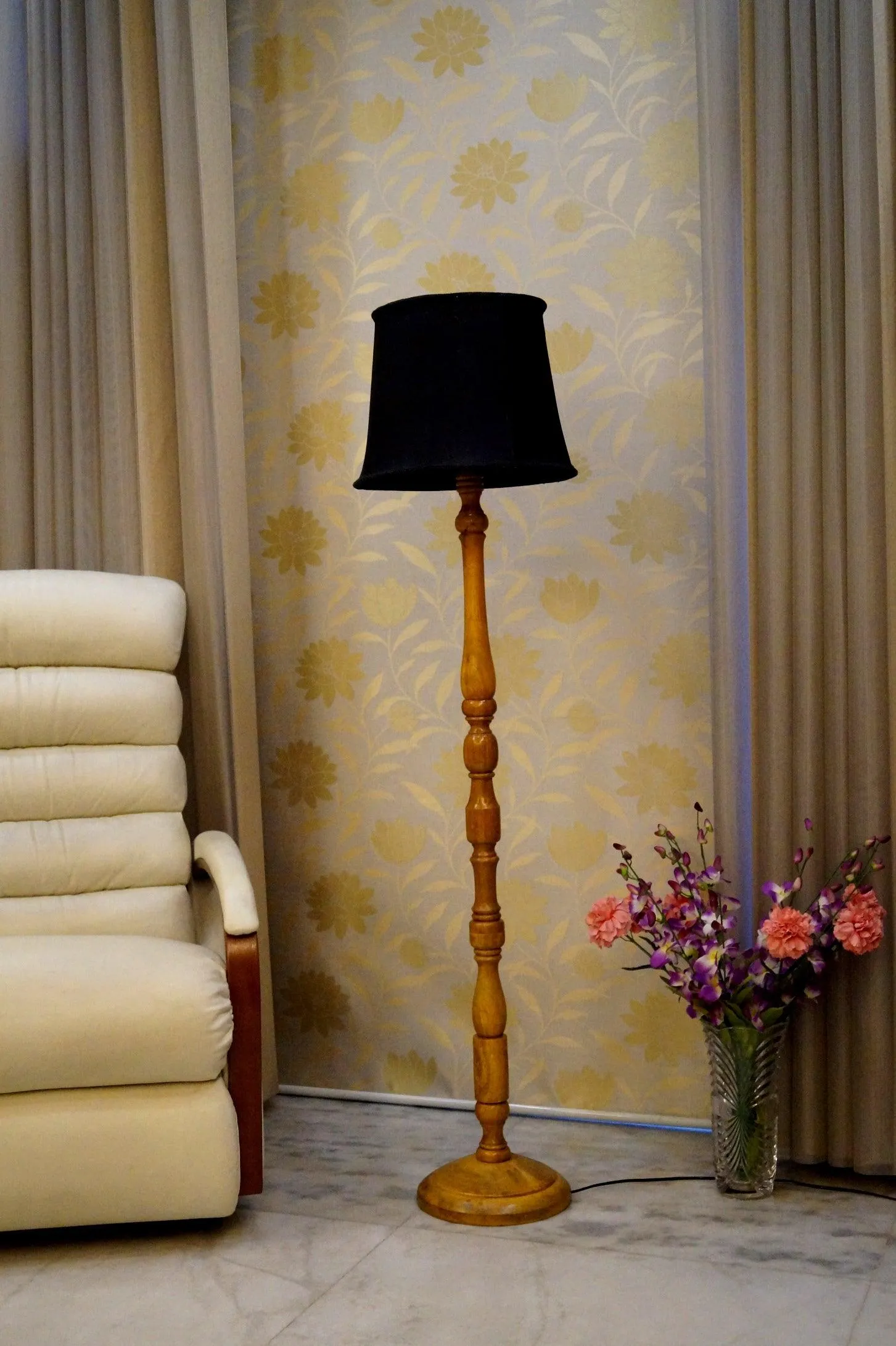 Floor Lamp Black & Brown with Cylindrical Shade (Bulb Not Included)