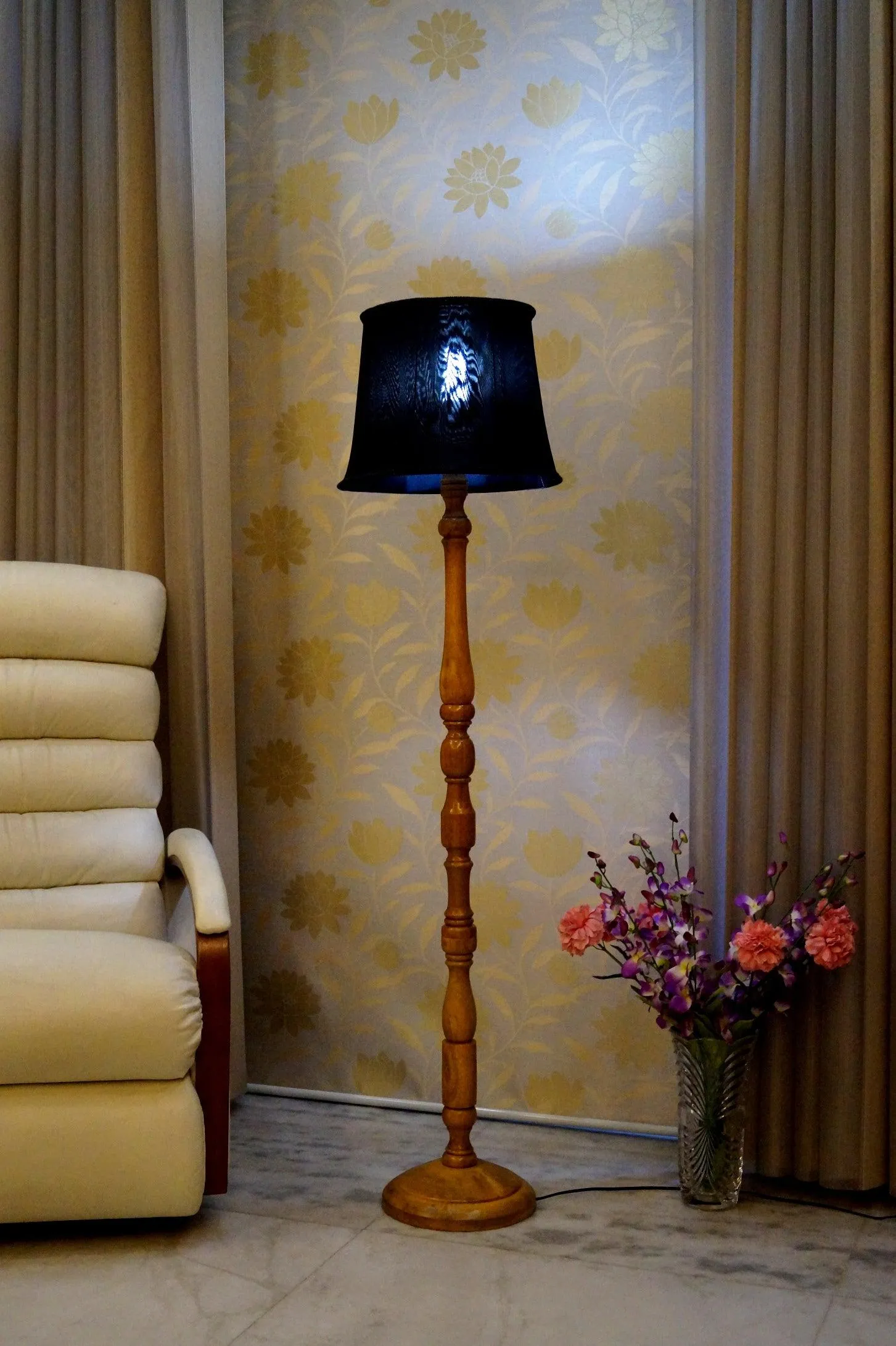 Floor Lamp Black & Brown with Cylindrical Shade (Bulb Not Included)