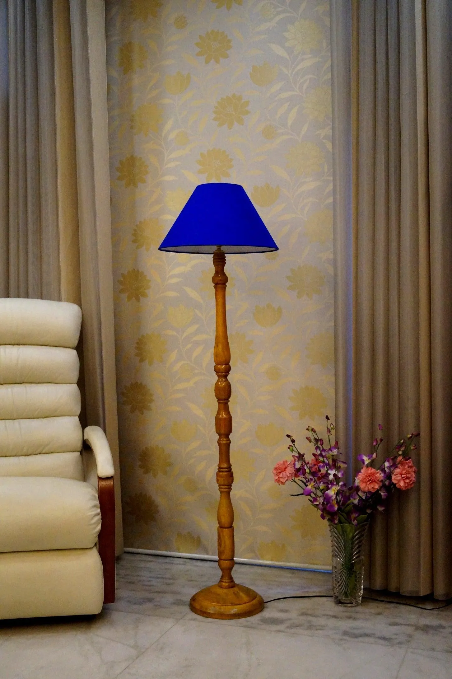 Floor Lamp Blue & Brown with Conical Shade (Bulb Not Included)