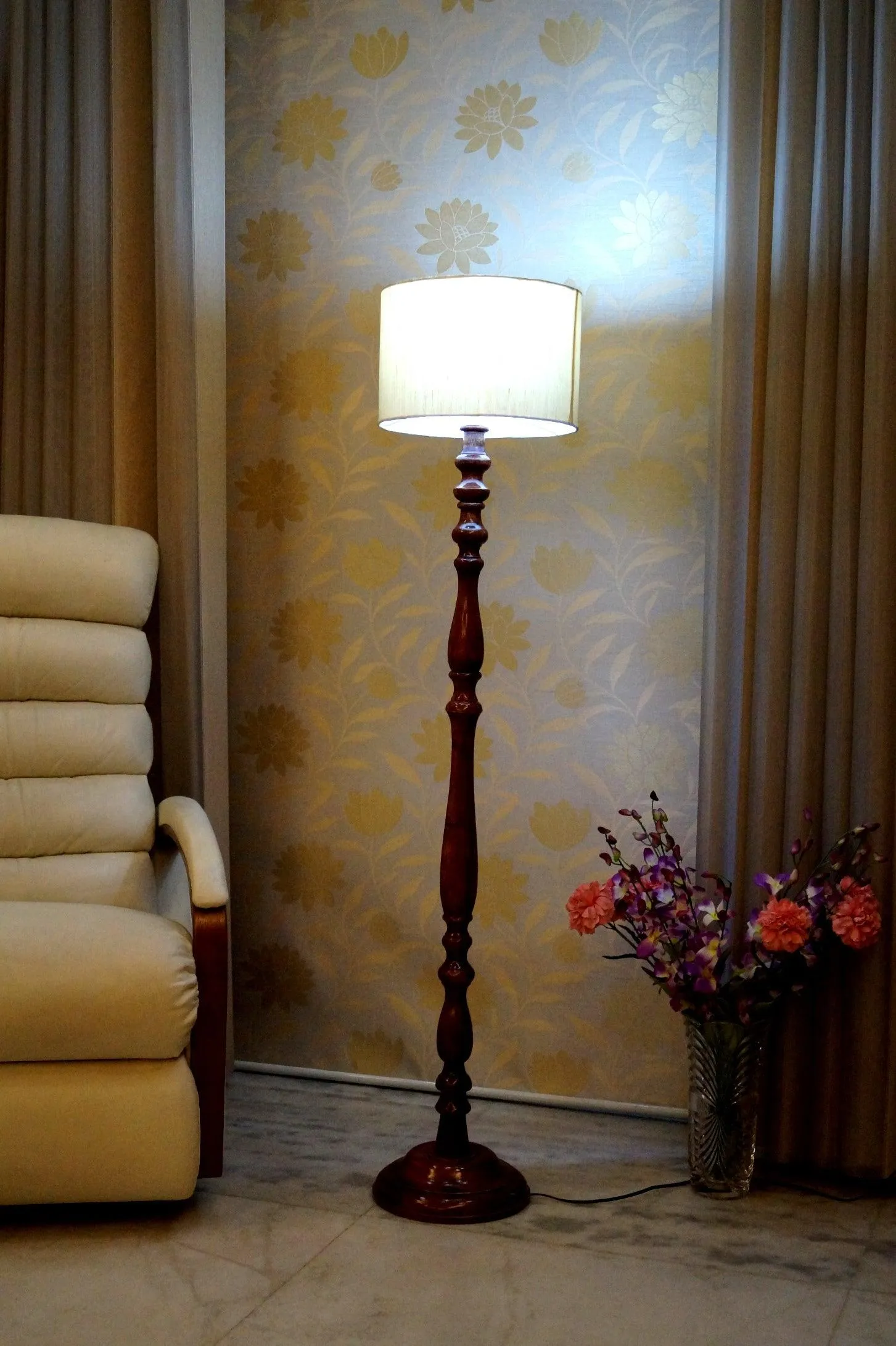 Floor Lamp Cream & Brown with Drum Shade (Bulb Not Included)