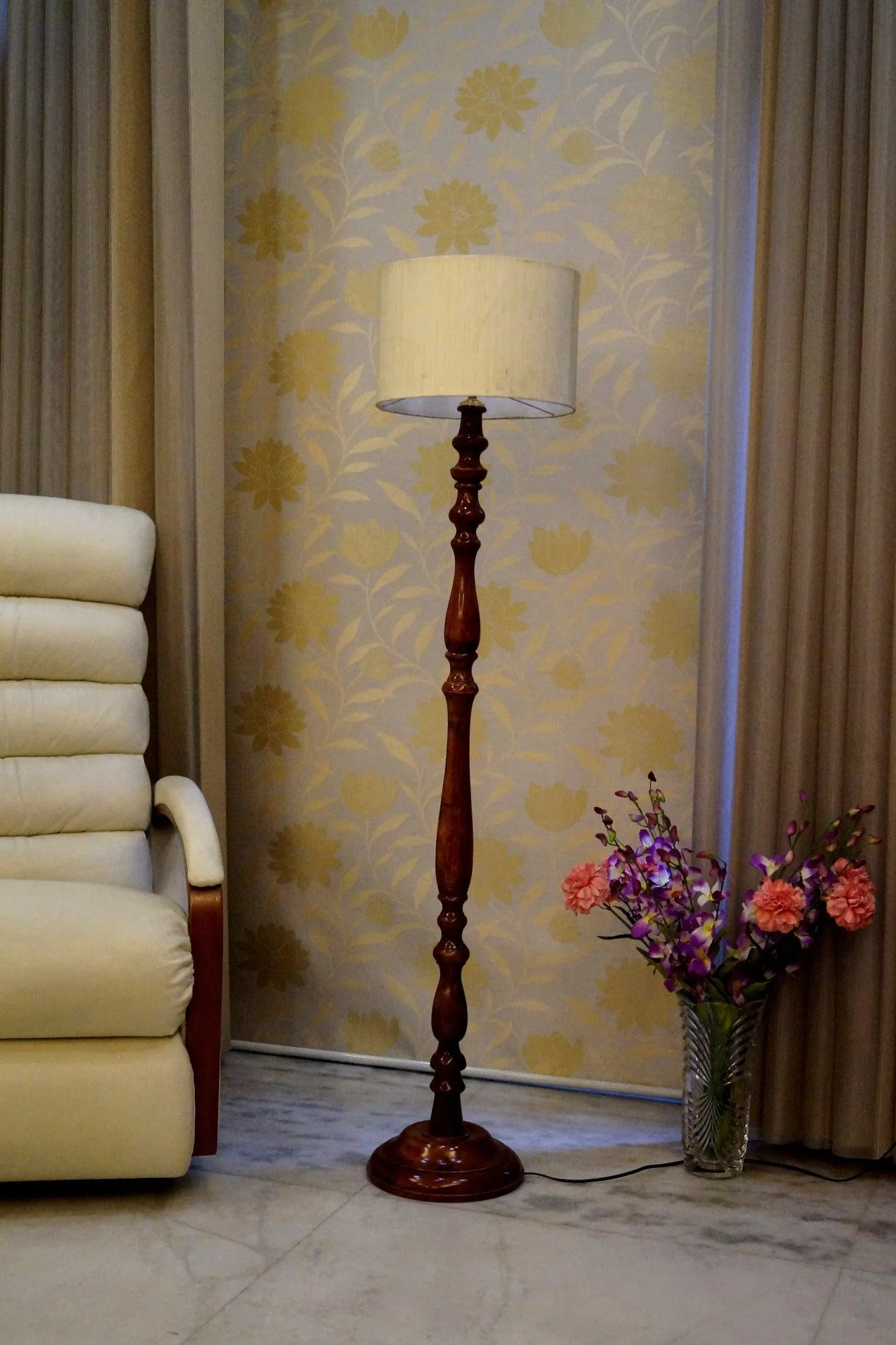 Floor Lamp Cream & Brown with Drum Shade (Bulb Not Included)