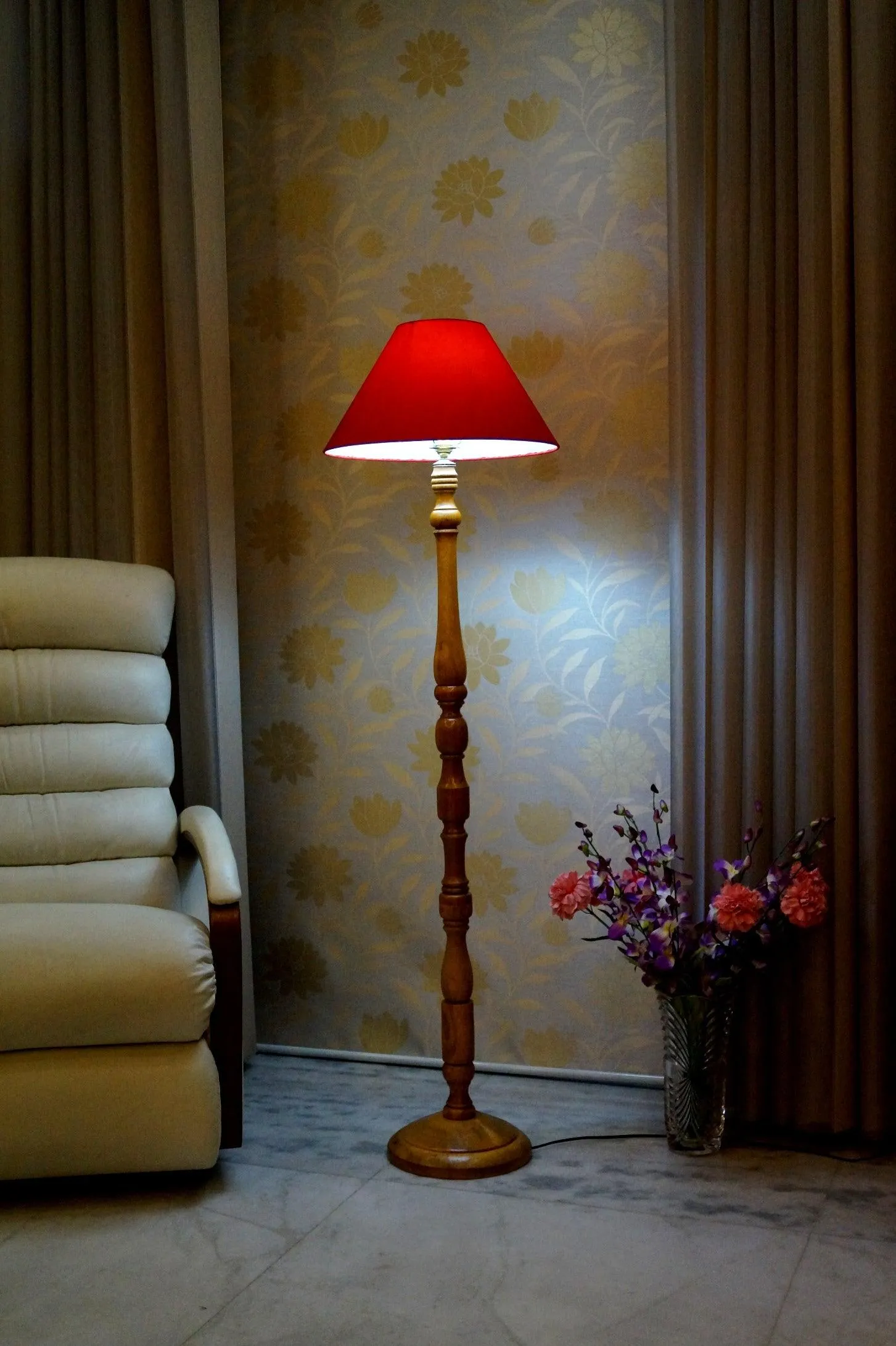 Floor Lamp Red & Brown with Conical Shade (Bulb Not Included)