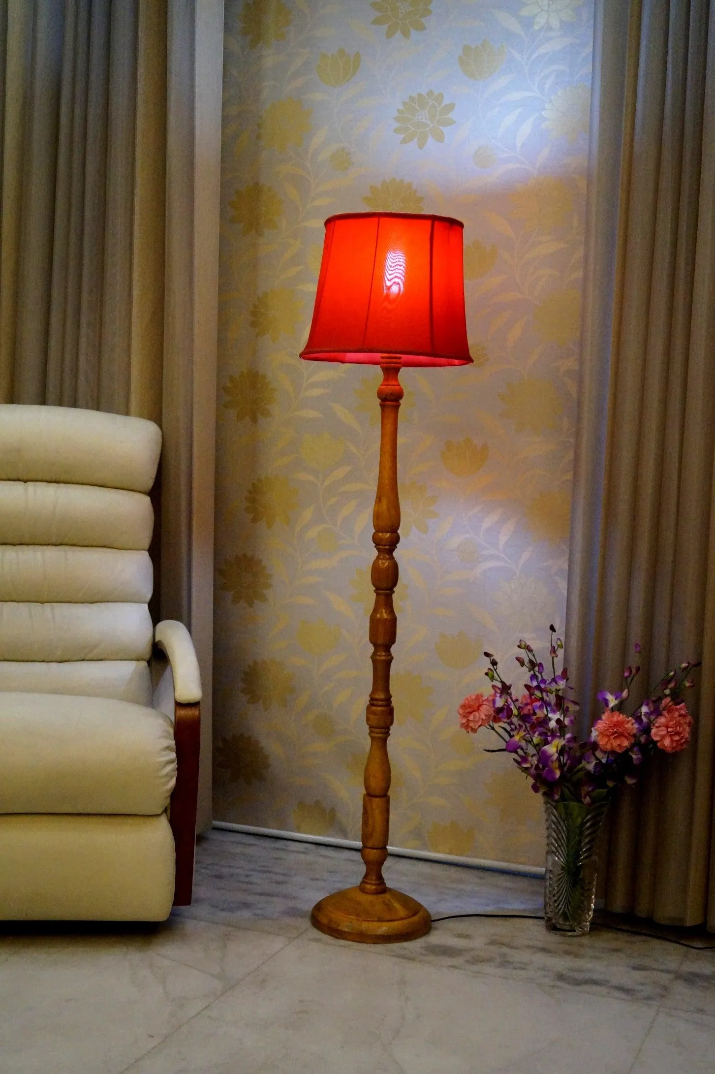 Floor Lamp Red & Brown with Cylindrical Shade (Bulb Not Included)