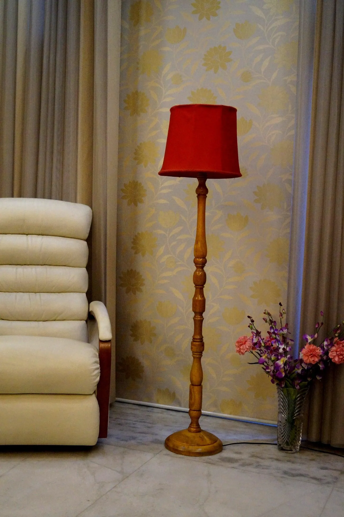 Floor Lamp Red & Brown with Cylindrical Shade (Bulb Not Included)