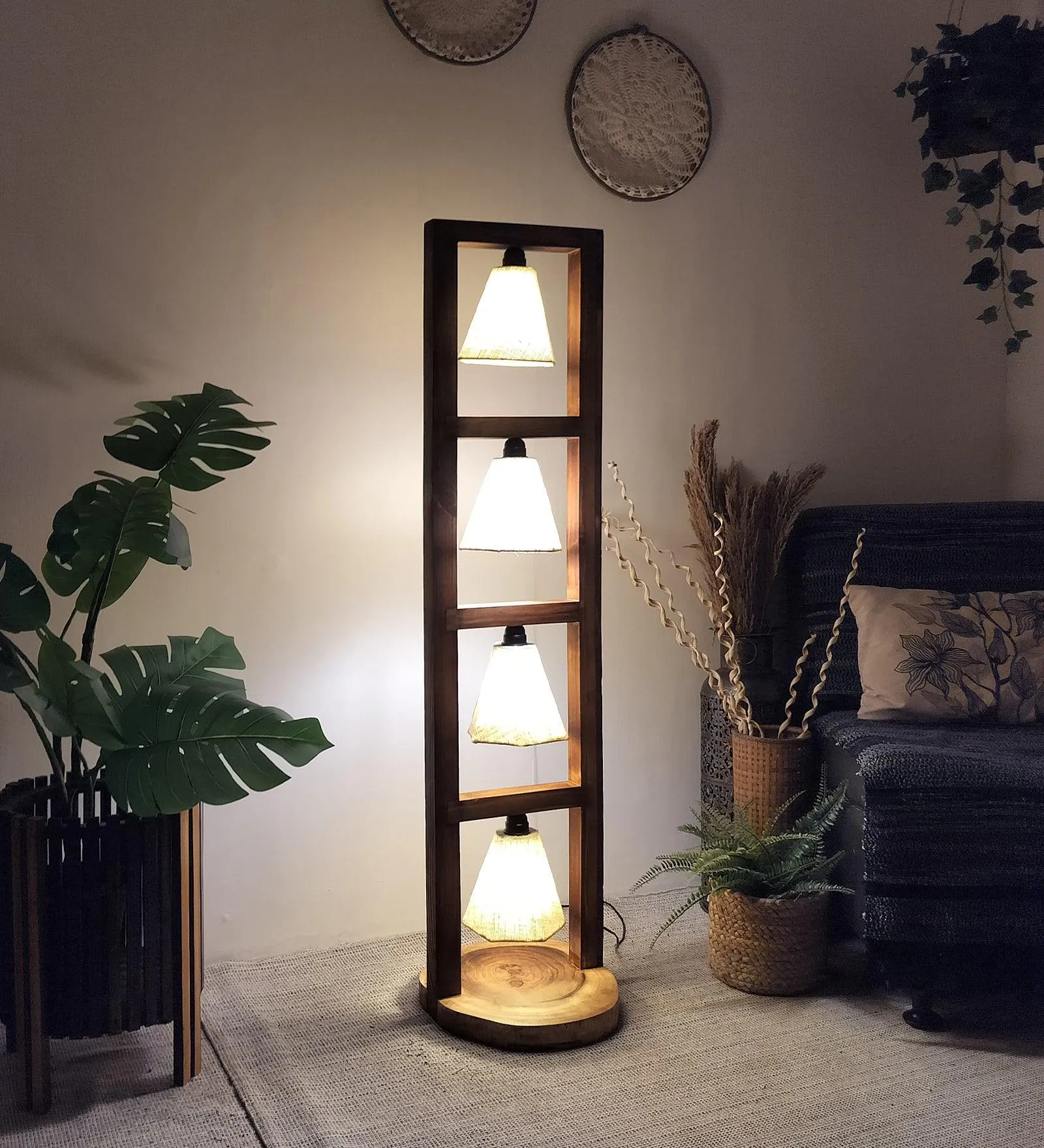 Florent Wooden Floor Lamp with Brown Base and Jute Fabric Lampshade