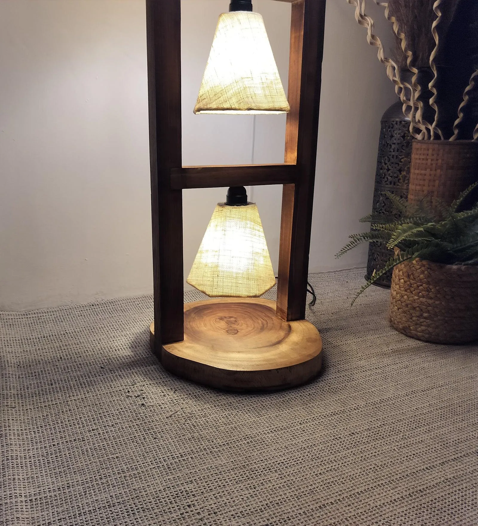 Florent Wooden Floor Lamp with Brown Base and Jute Fabric Lampshade