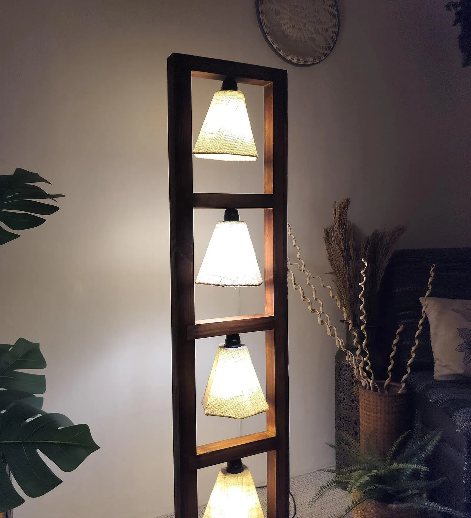 Florent Wooden Floor Lamp with Brown Base and Jute Fabric Lampshade