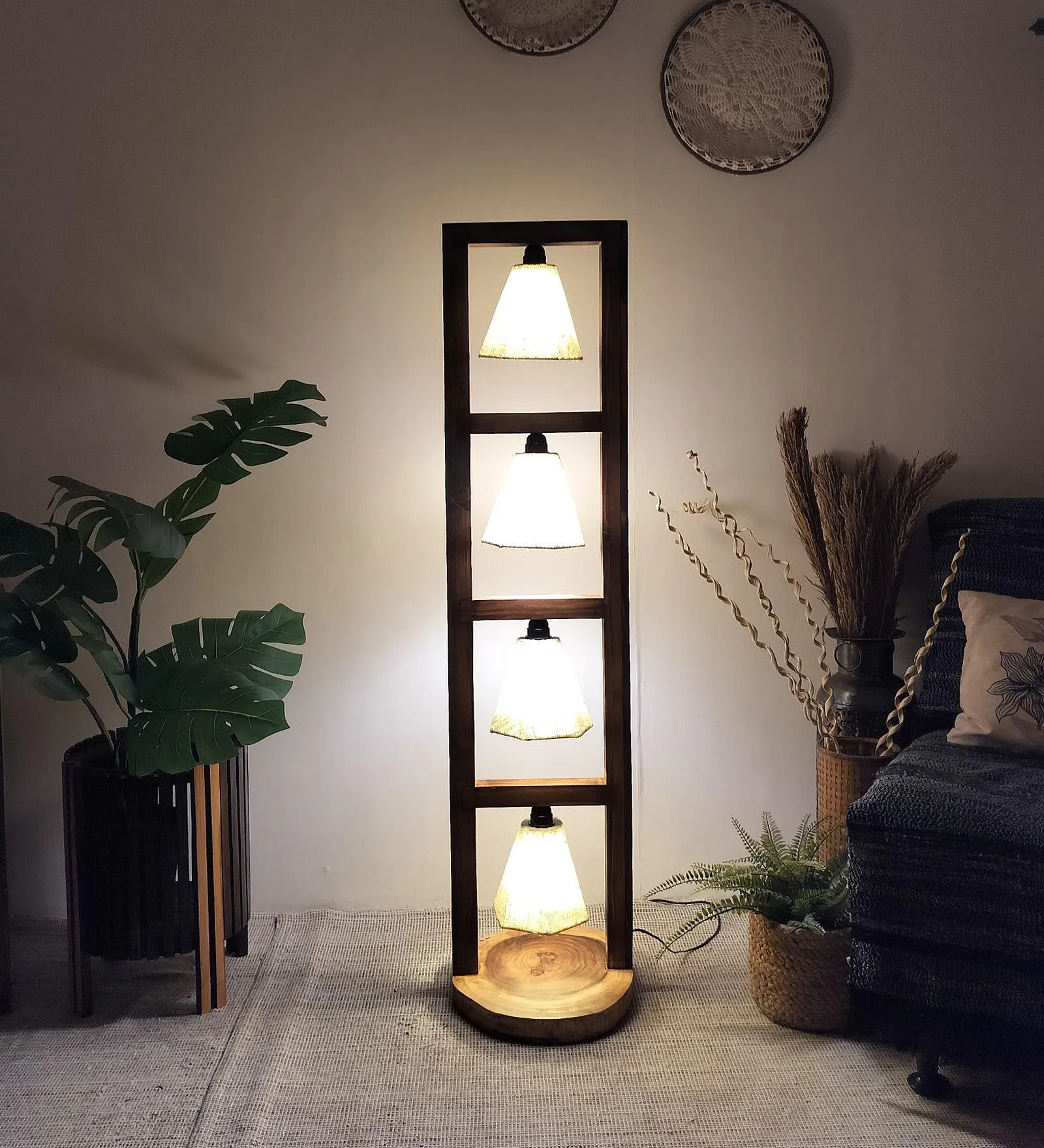 Florent Wooden Floor Lamp with Brown Base and Jute Fabric Lampshade