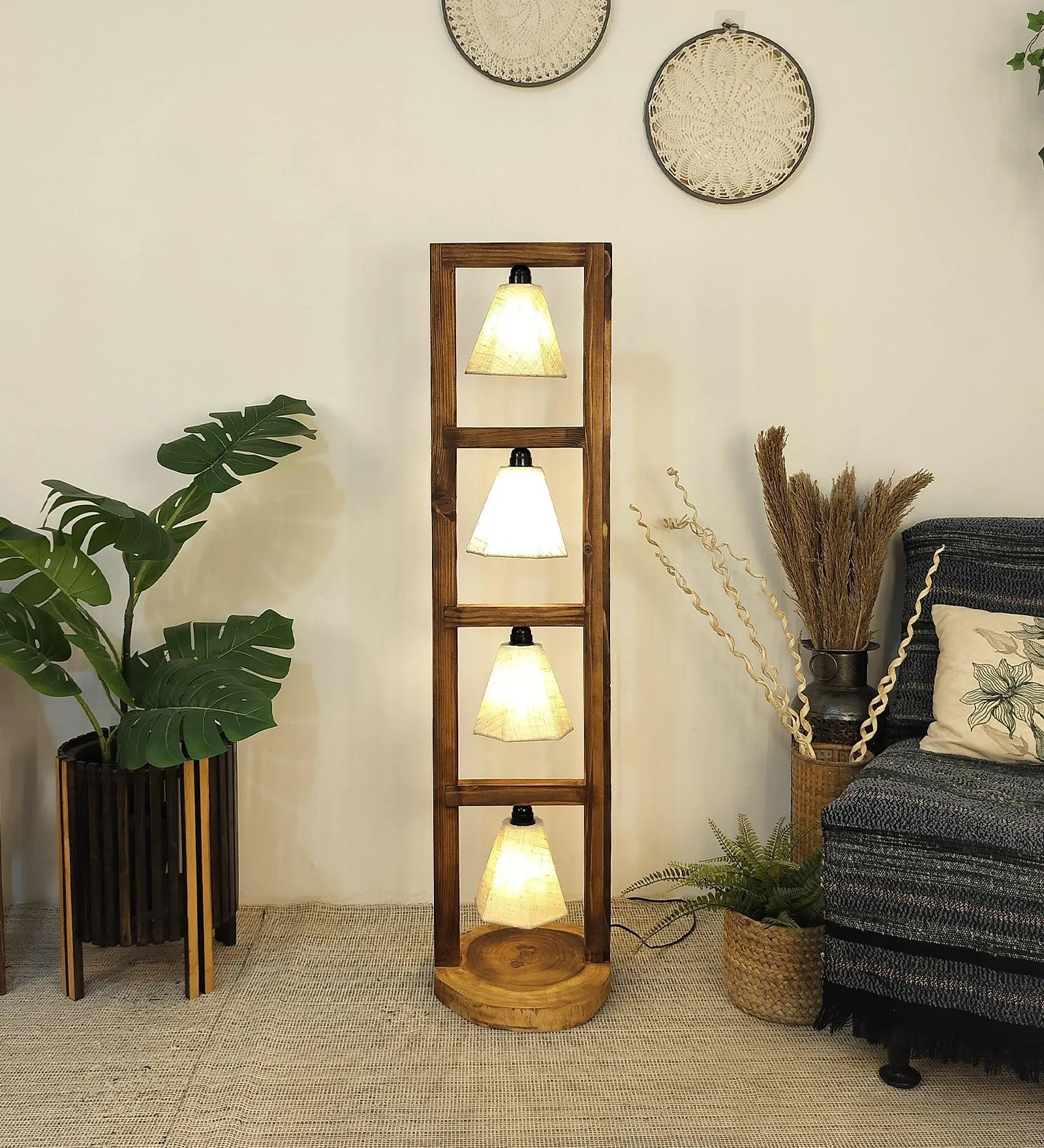 Florent Wooden Floor Lamp with Brown Base and Jute Fabric Lampshade