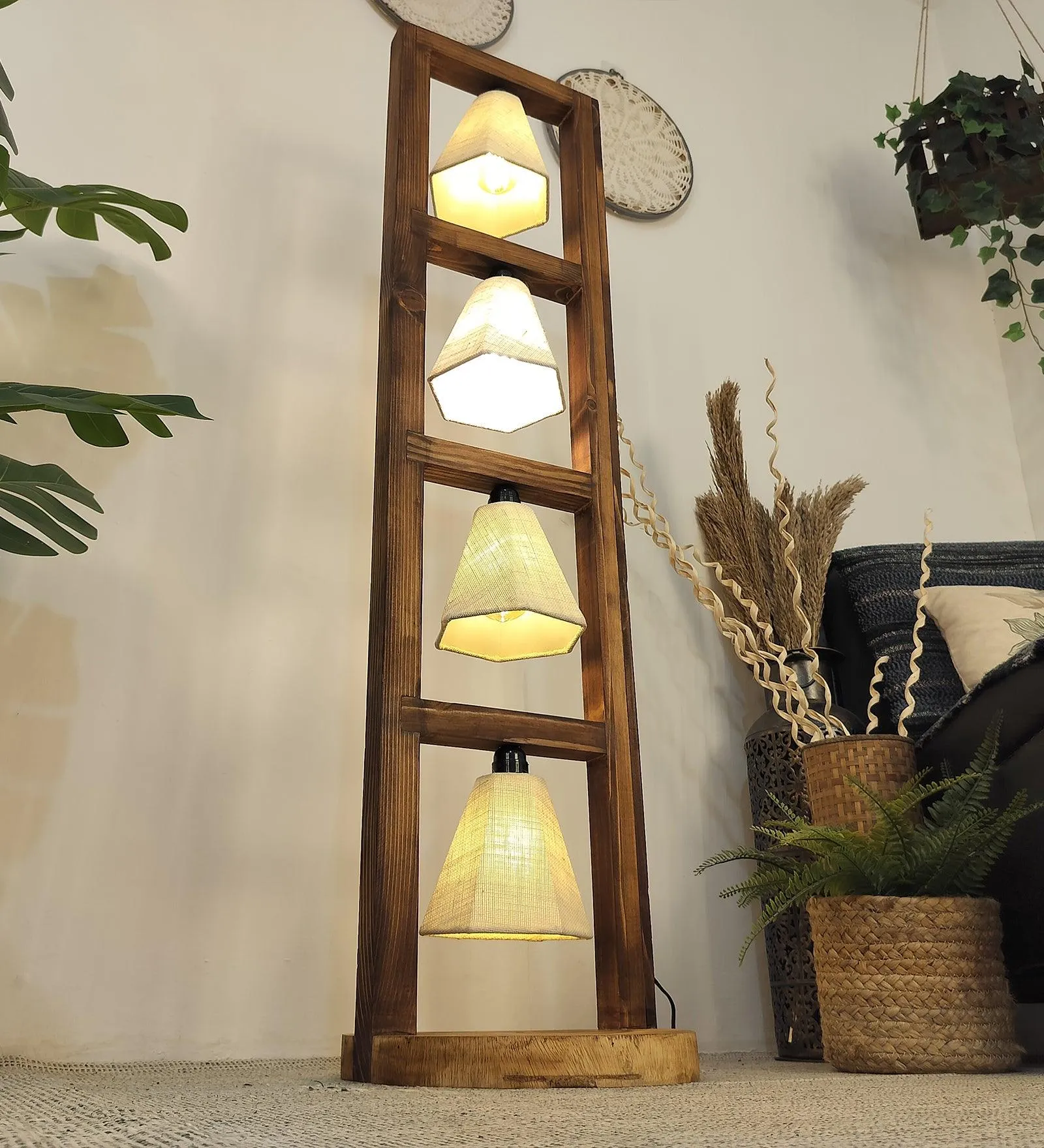 Florent Wooden Floor Lamp with Brown Base and Jute Fabric Lampshade