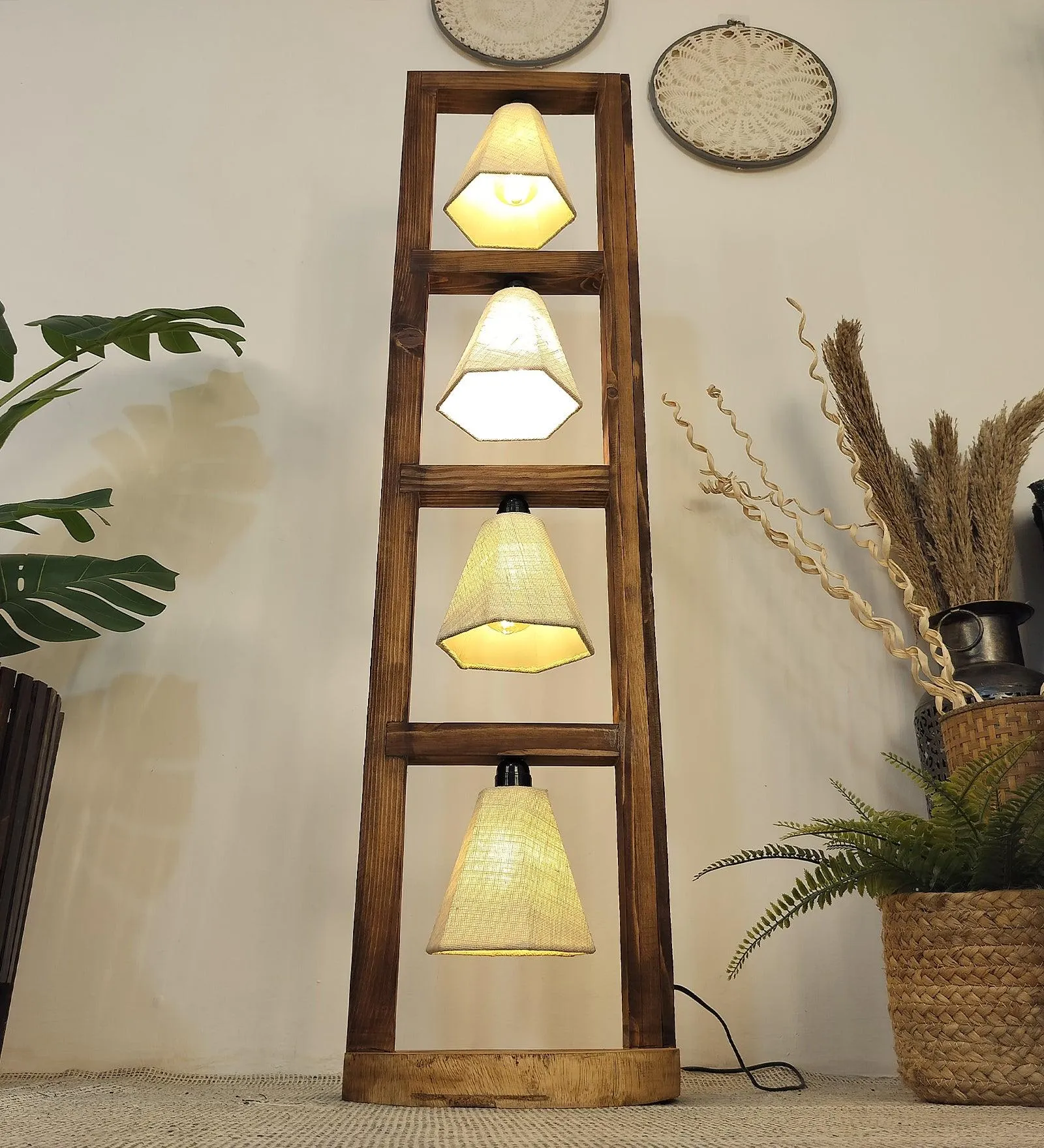 Florent Wooden Floor Lamp with Brown Base and Jute Fabric Lampshade