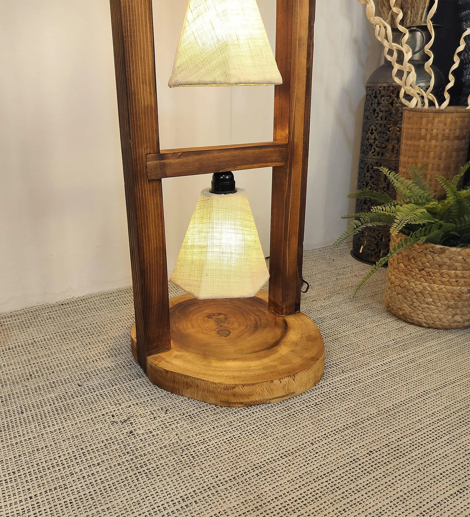 Florent Wooden Floor Lamp with Brown Base and Jute Fabric Lampshade