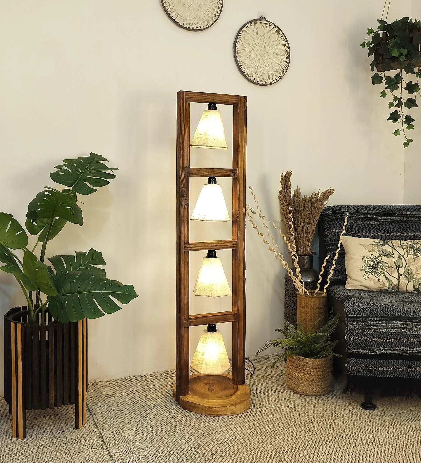 Florent Wooden Floor Lamp with Brown Base and Jute Fabric Lampshade