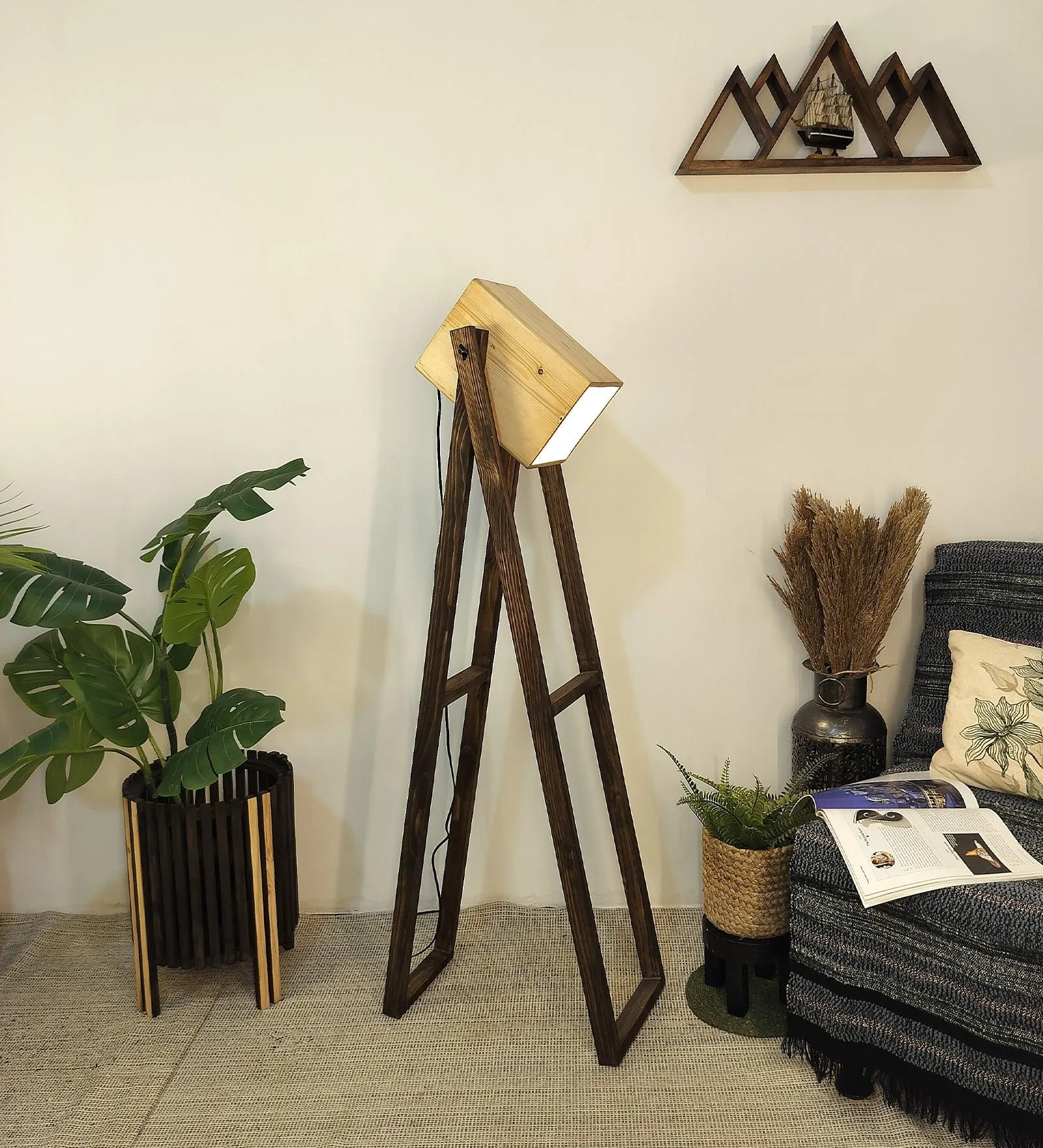 Focal Wooden Floor Lamp with Brown Base and Beige Wooden Lampshade