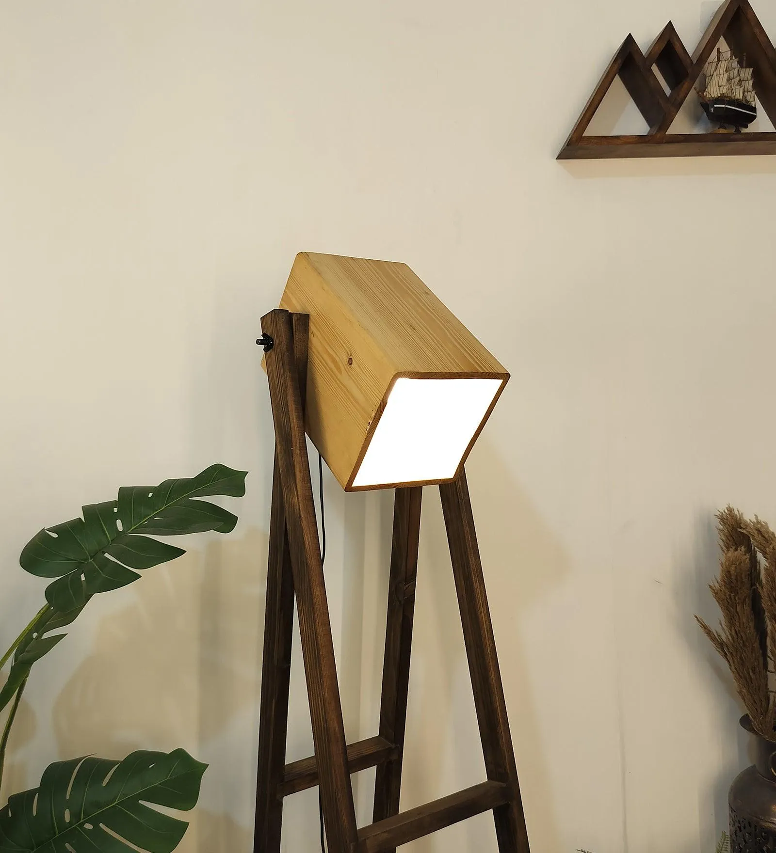 Focal Wooden Floor Lamp with Brown Base and Beige Wooden Lampshade